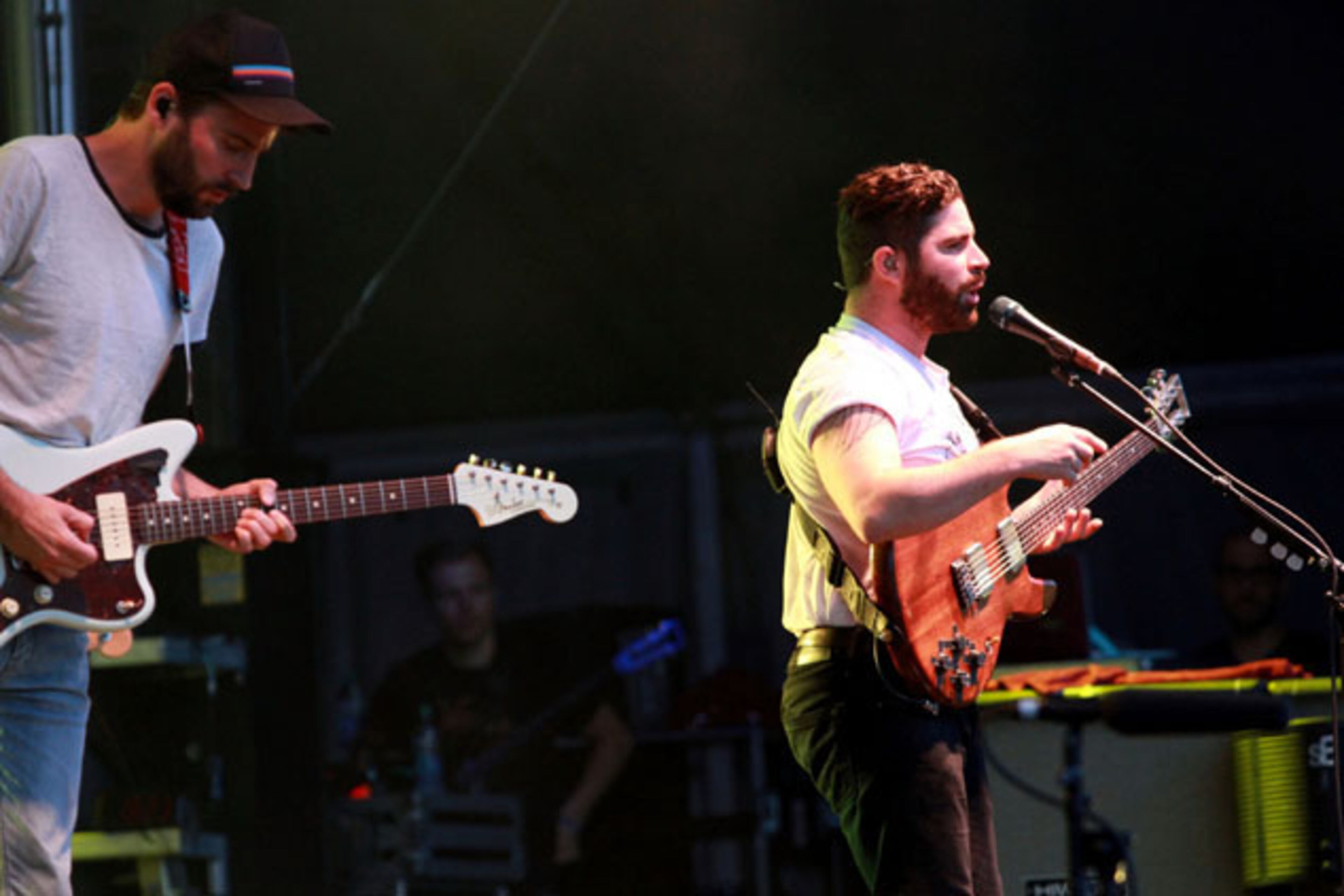 Foals perform on stage. The fourth annual Shaky Knees Music Fest took over Centennial Olympic Park for three days of music offerings on four stages. Day Two was another beautiful day; Saturday, May 14, 2016, featured My Morning Jacket, Walk the Moon, The Decemberists, Huey Lewis & the News, Foals, The Dear Hunter and many more artists. Robb Cohen Photography & Video /www.RobbsPhotos.com
