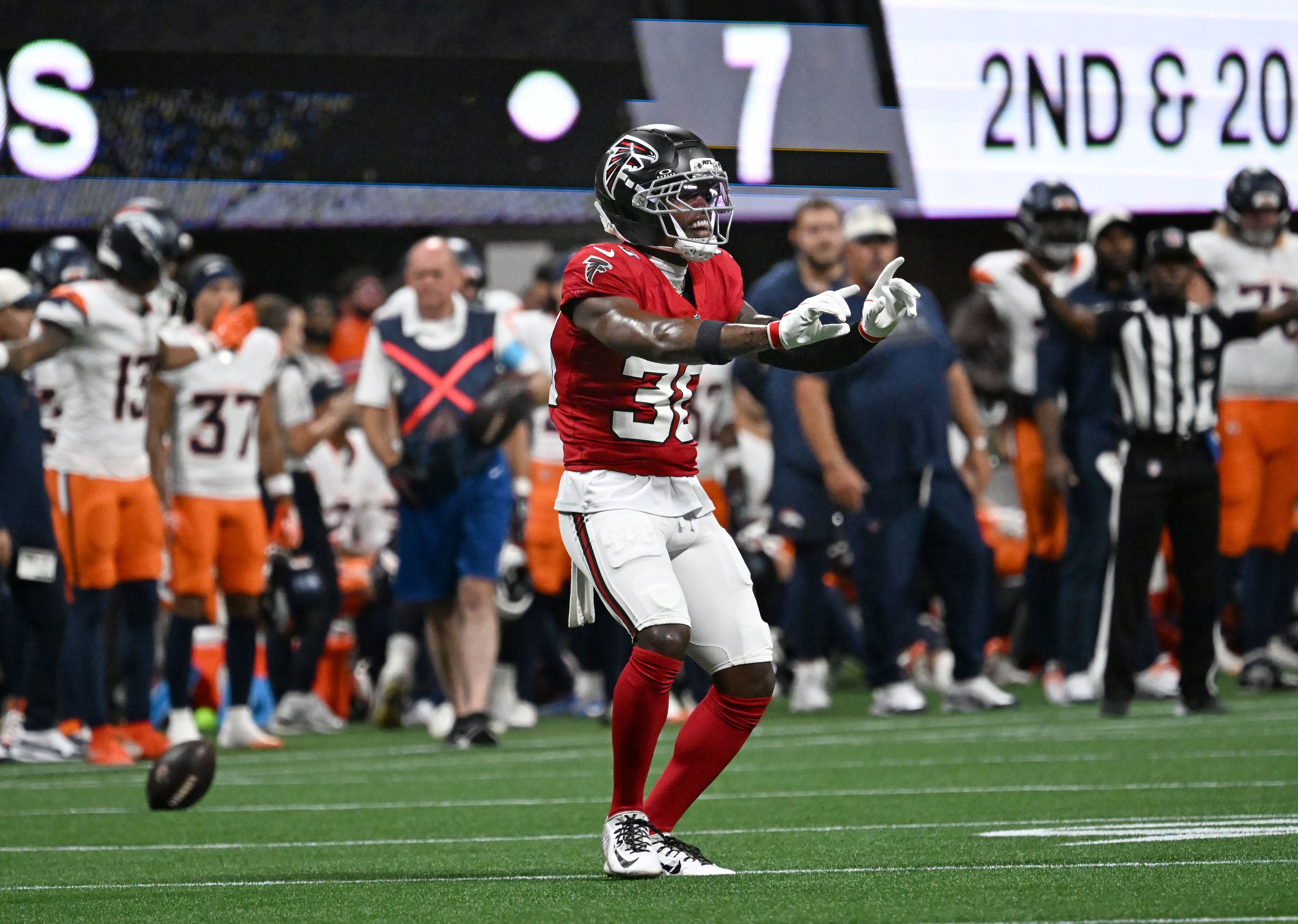Falcons cornerback Darnay Holmes celebrates during their preseason game against the Denver Broncos at Mercedes-Benz Stadium on Friday, Aug. 14, 2026, in Atlanta. (Hyosub Shin/AJC)