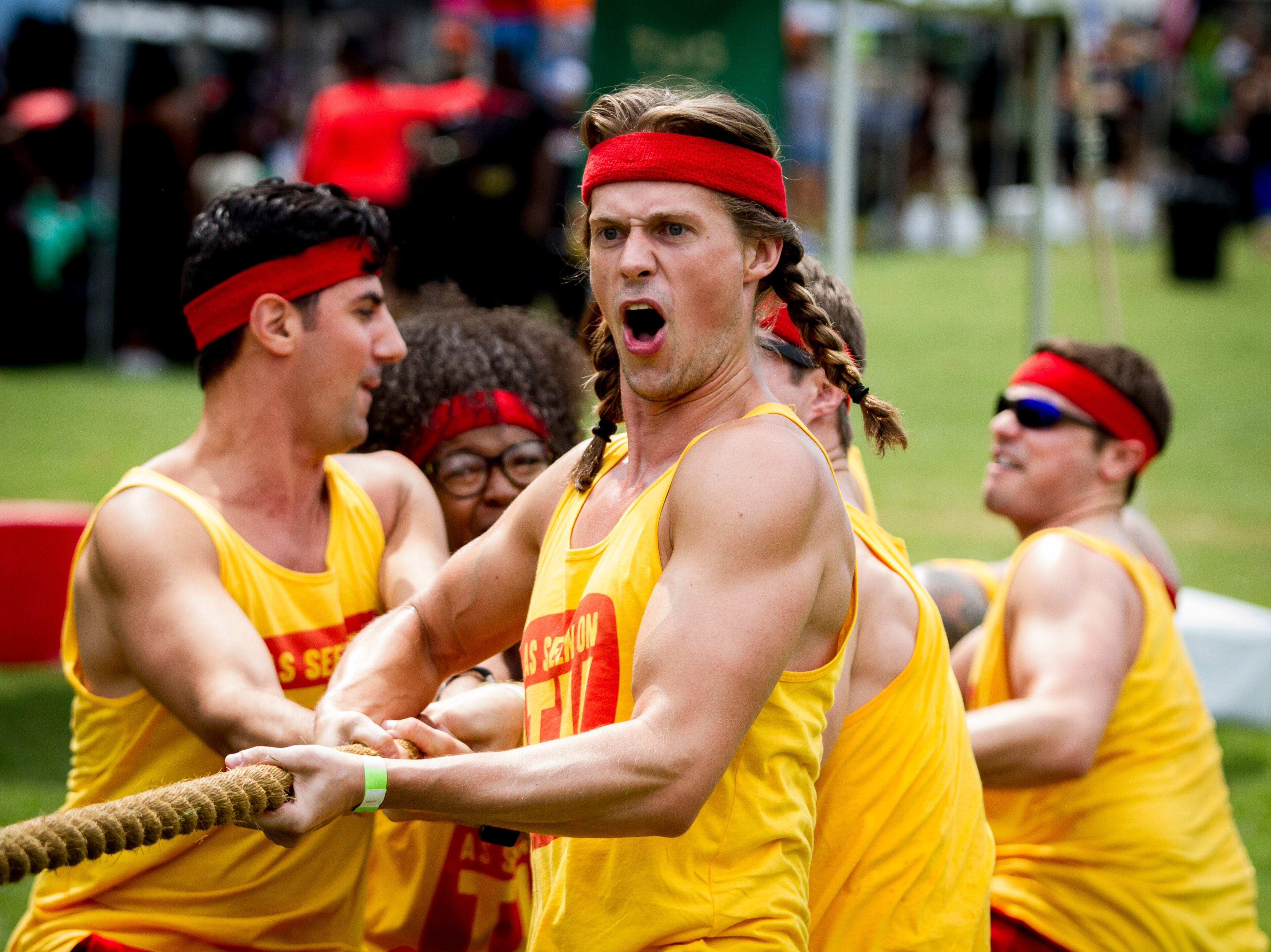 Derk McDonnell helps his team to victory during the Tug of War competition during the Atlanta Field Day event in Historic Fourth Ward Park Saturday, July 14, 2018. STEVE SCHAEFER / SPECIAL TO THE AJC