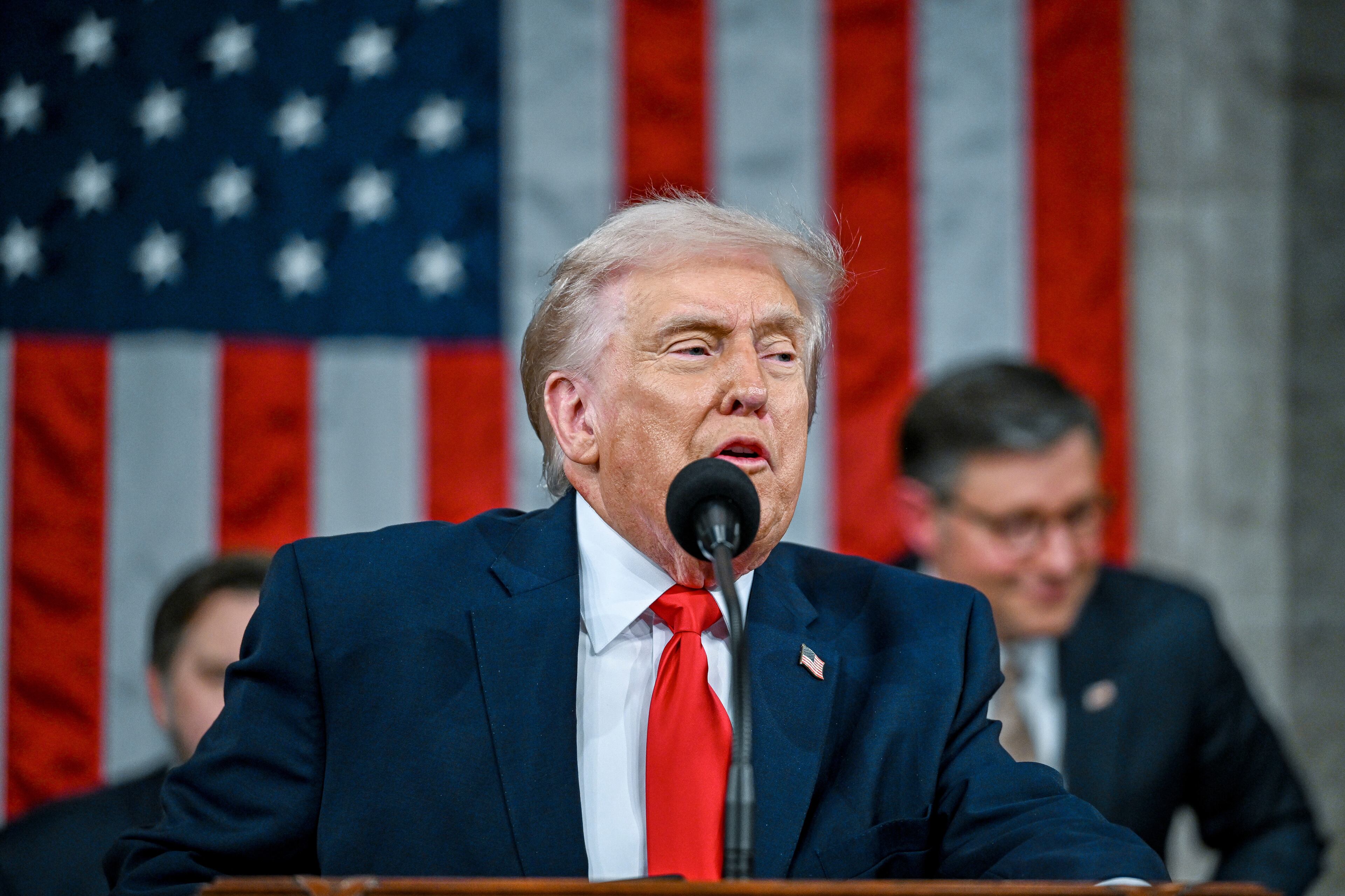 President Donald Trump delivers the State of the Union address to a joint session of Congress in the House chamber at the U.S. Capitol in Washington, Tuesday, Feb. 24, 2026. (Kenny Holston/The New York Times via AP, Pool)