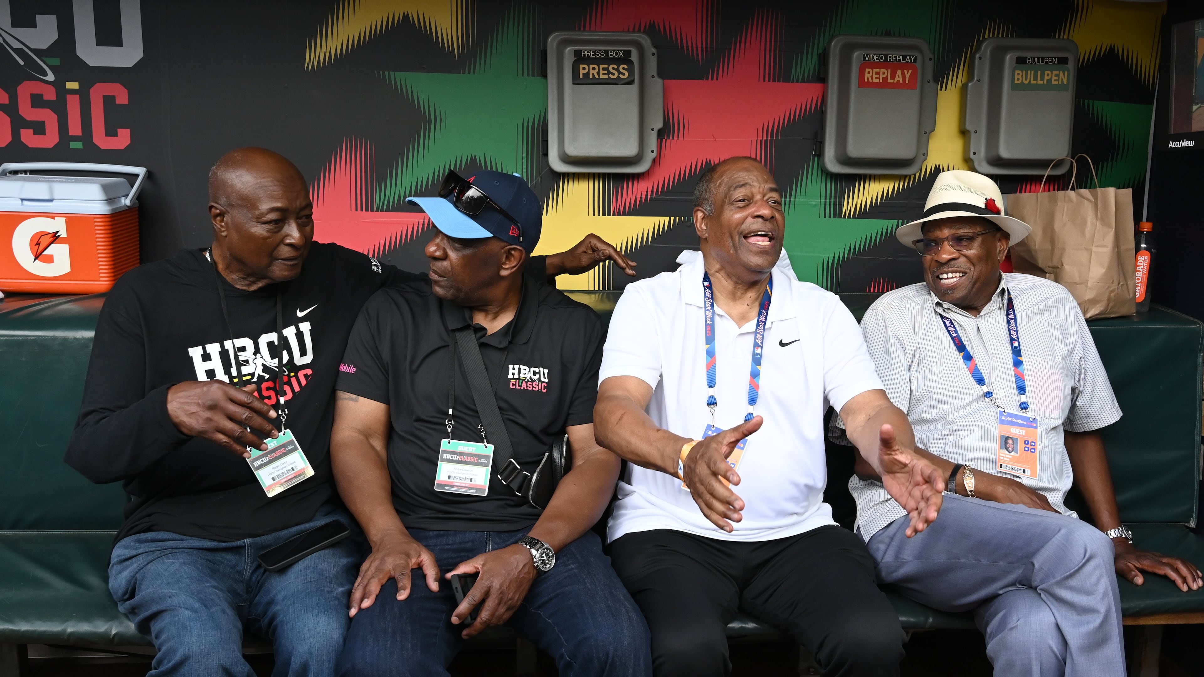 Honorary VIP guests Roger Cador (from left), Andre Dawson, Ken Griffey Sr. and Dusty Baker chat before the start of HBCU Swingman Classic at Truist Park on Tuesday, July 11, 2025, in Atlanta. (Hyosub Shin/AJC)