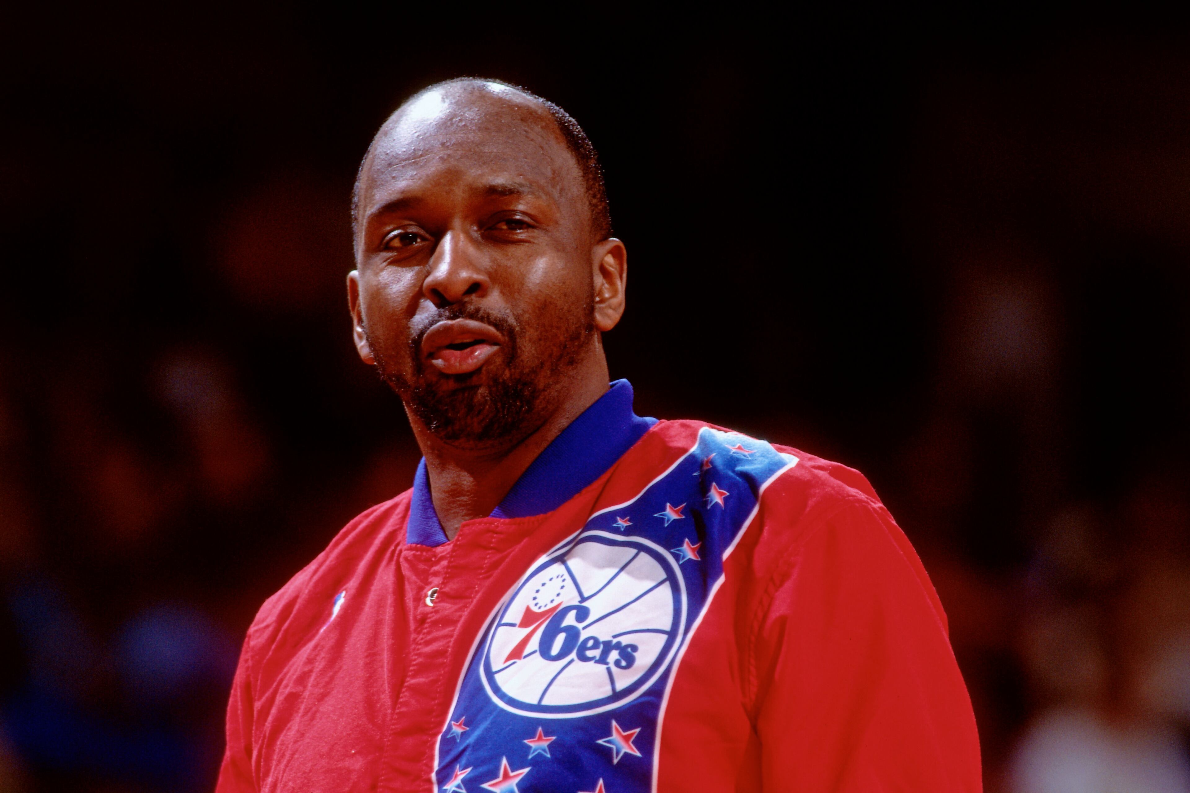 PORTLAND, OR - CIRCA 1994: Moses Malone #2 of the Philadelphia 76ers smiles against the Portland Trailblazers circa 1994 at the Veterans Memorial Coliseum in Portland, Oregon. NOTE TO USER: User expressly acknowledges and agrees that, by downloading and or using this photograph, User is consenting to the terms and conditions of the Getty Images License Agreement. Mandatory Copyright Notice: Copyright 1994 NBAE (Photo by Brian Drake/NBAE via Getty Images)