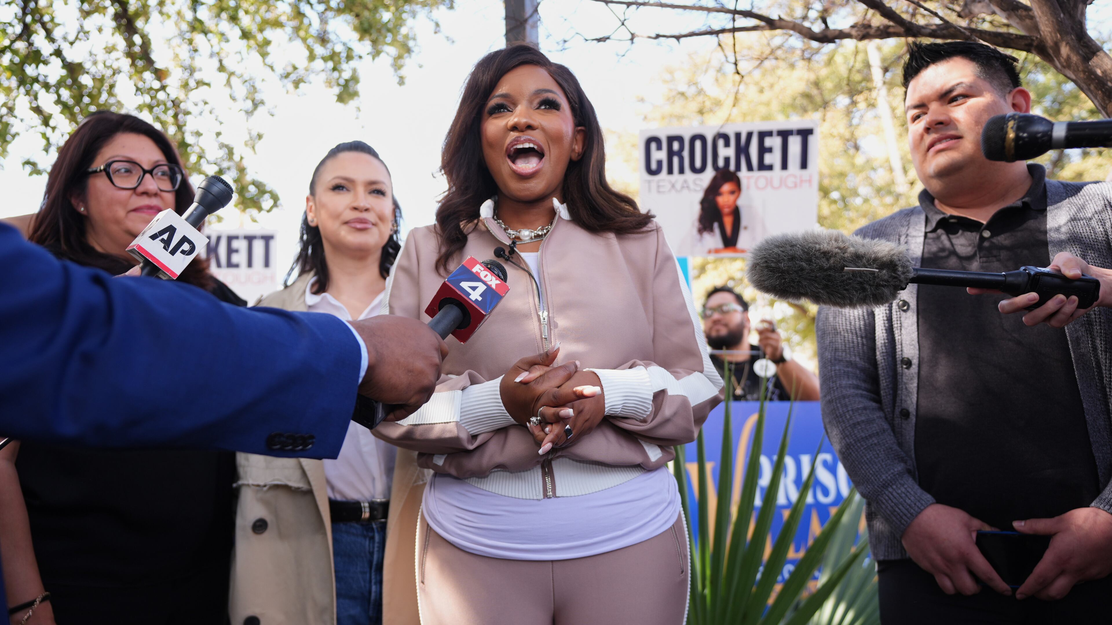 Primary candidate for U.S. Senate Rep. Jasmine Crockett, D-Texas, speaks to reporters and supporters before voting early in the primary election, in Dallas, Tuesday, Feb. 17, 2026. (AP Photo/LM Otero)