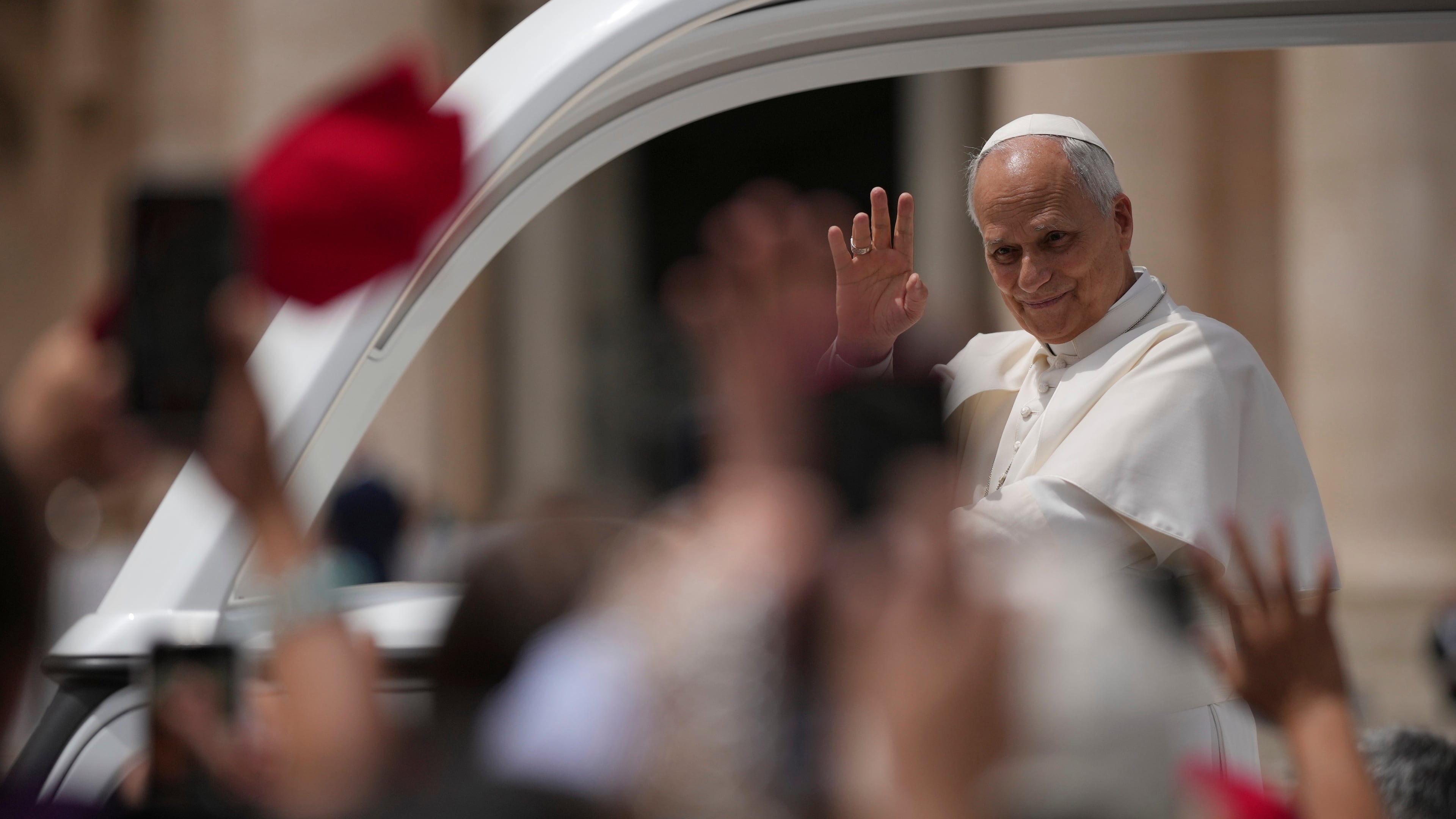 Pope Leo XIV waves as he leaves after his weekly general audience in St. Peter's Square at The Vatican, Wednesday, June 3, 2026. (AP Photo/Andrew Medichini)