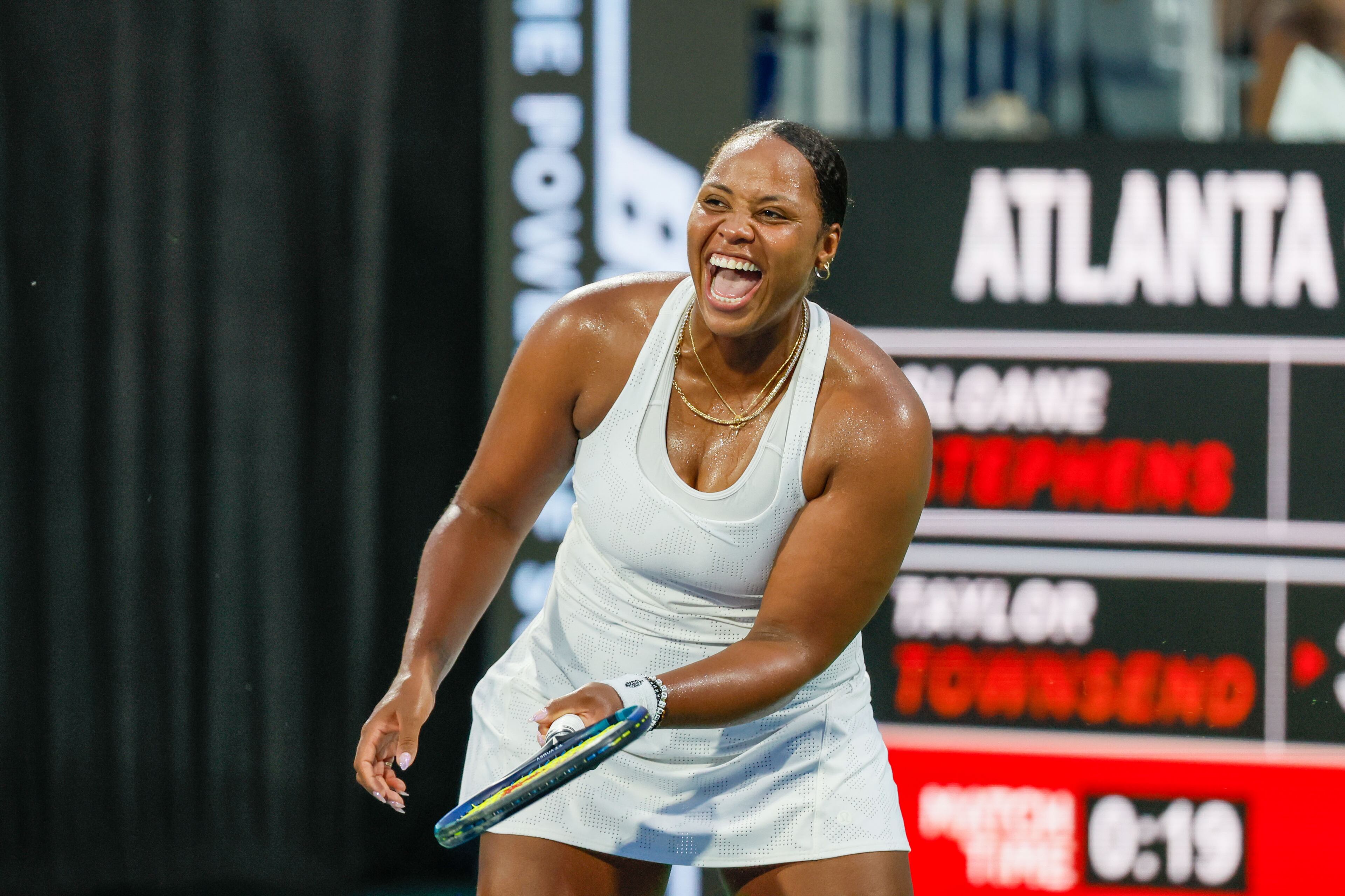 Taylor Townsend reacts after a point against Sloane Stephens during an exhibition match in the Atlanta Open at Atlantic Station on Sunday, July 21, 2024, in Atlanta,
(Miguel Martinez / AJC)