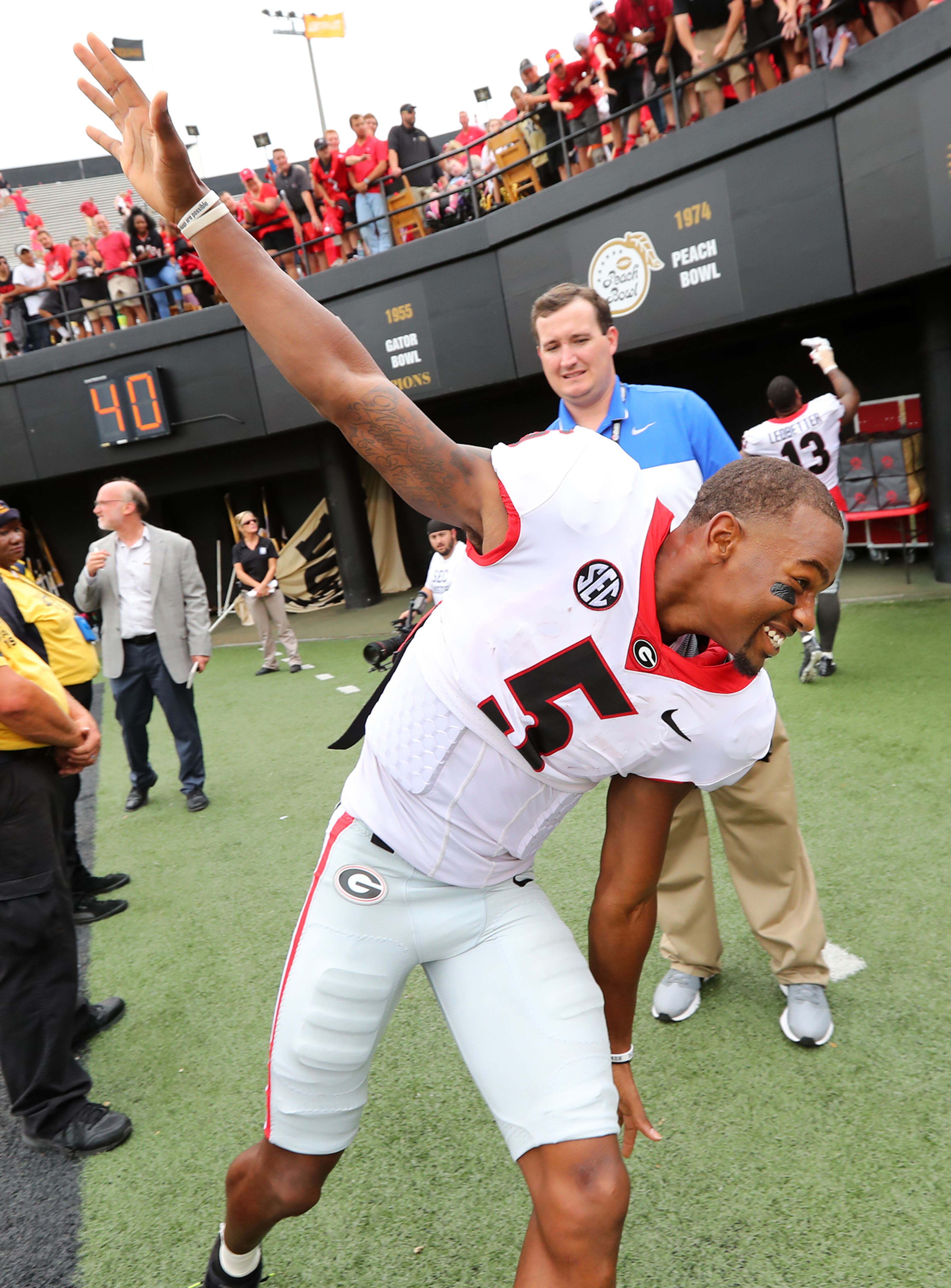 October 7, 2017 Nashville: Georgia wide receiver Terry Godwin celebrates a 45-14 victory over Vanderbilt in a NCAA college football game on Saturday, October 7, 2017, in Nashville. Curtis Compton/ccompton@ajc.com
