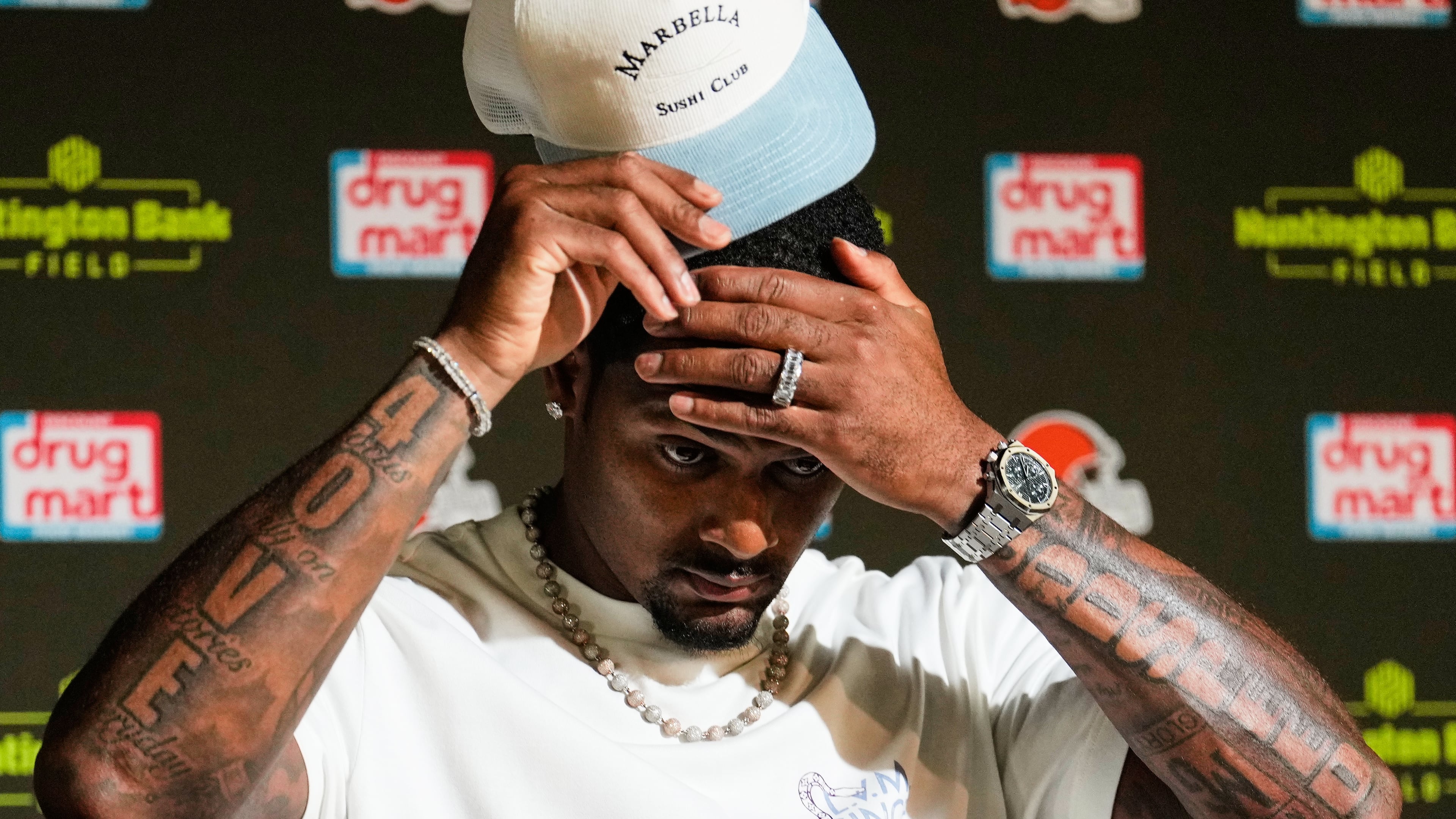 Cleveland Browns quarterback Deshaun Watson speaks at a press conference after an NFL preseason football game against the Buffalo Bills, Saturday, Aug. 22, 2026, in Cleveland. (AP Photo/Carolyn Kaster)