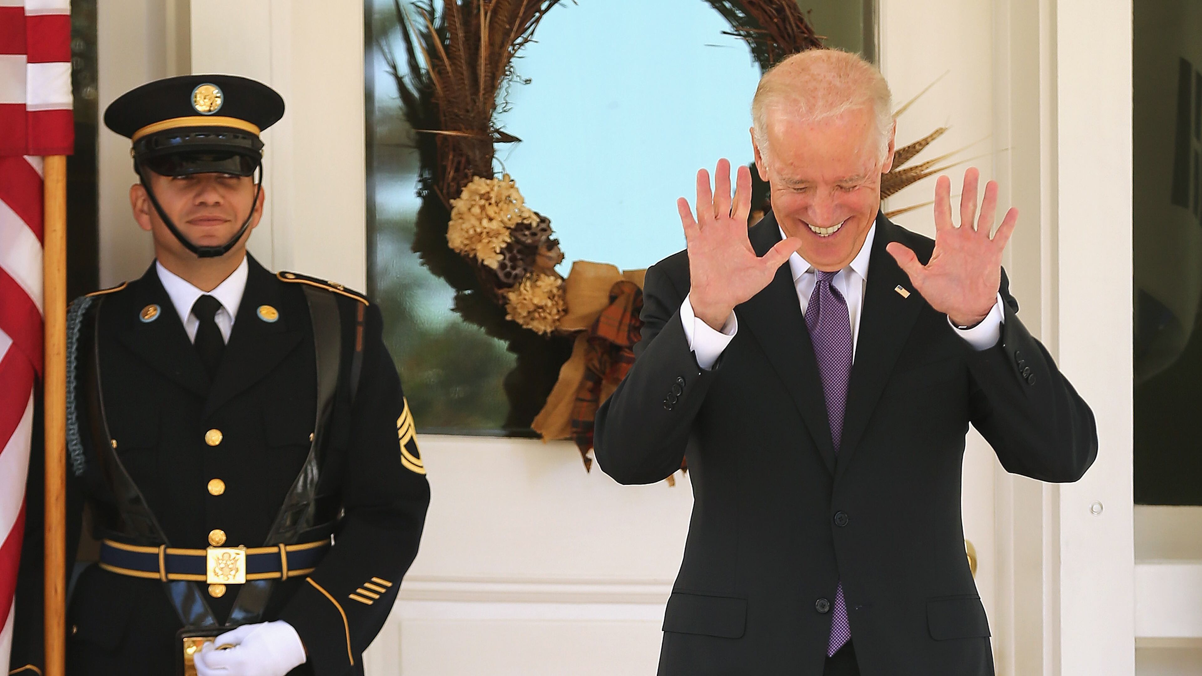 WASHINGTON, DC - OCTOBER 15: U.S. Vice President Joe Biden reacts to reporters' questions about him running for president while he waits for the arrival of President Park Geun-hye of South Korea at the Naval Observatory October 15, 2015 in Washington, DC. Park, South Korea's first female president, met with Biden and will visit the White House Friday for a meeting with President Barack Obama, where the two leaders are expected to talk about the denuclearization of the Korean Peninsula. (Photo by Chip Somodevilla/Getty Images)