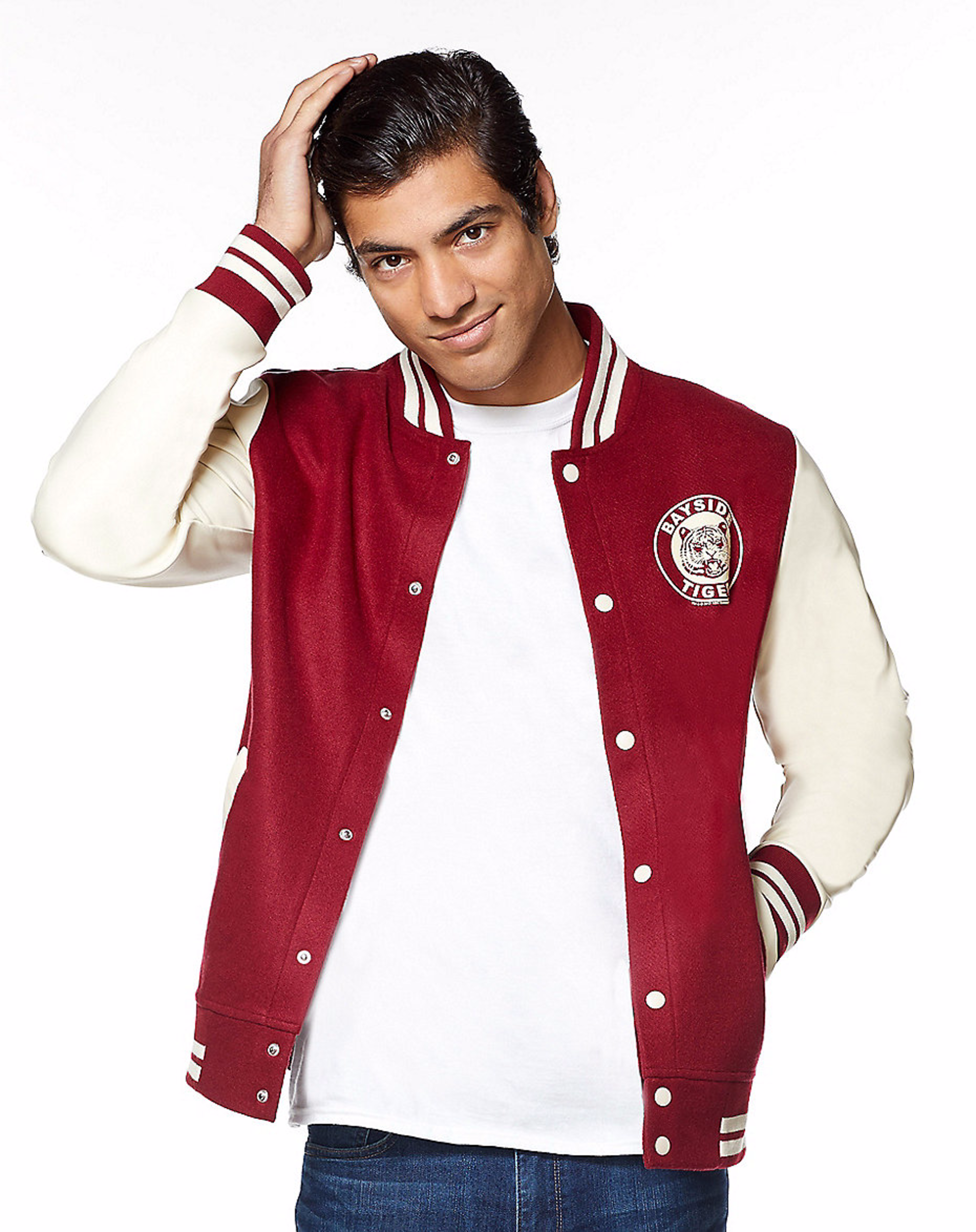 It's alright 'cause you're "Saved By the Bell" in this letterman's jacket. Join Slater, Zack and Kelly and relive the high school days we wish we had. You can also get Slater's Jersey or Kelly's off-the-shoulder sweatshirt. Jacket: $49.99. Jersey: $49.99. Sweatshirt: $39.99.