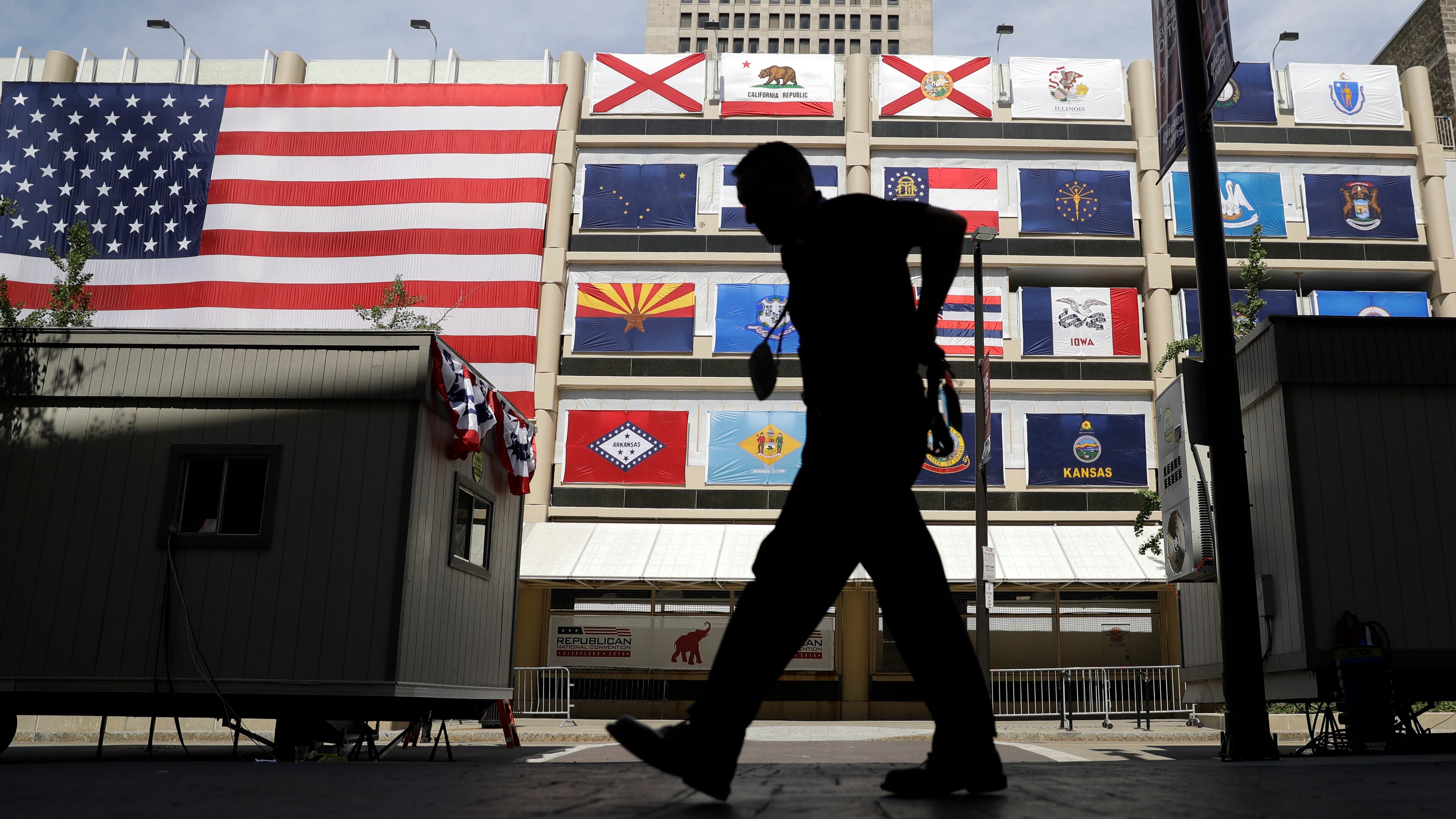 A man walks outside of Quicken Loans Arena as preparations for the Republican National Convention take place on Sunday in Cleveland. AP /Matt Rourke