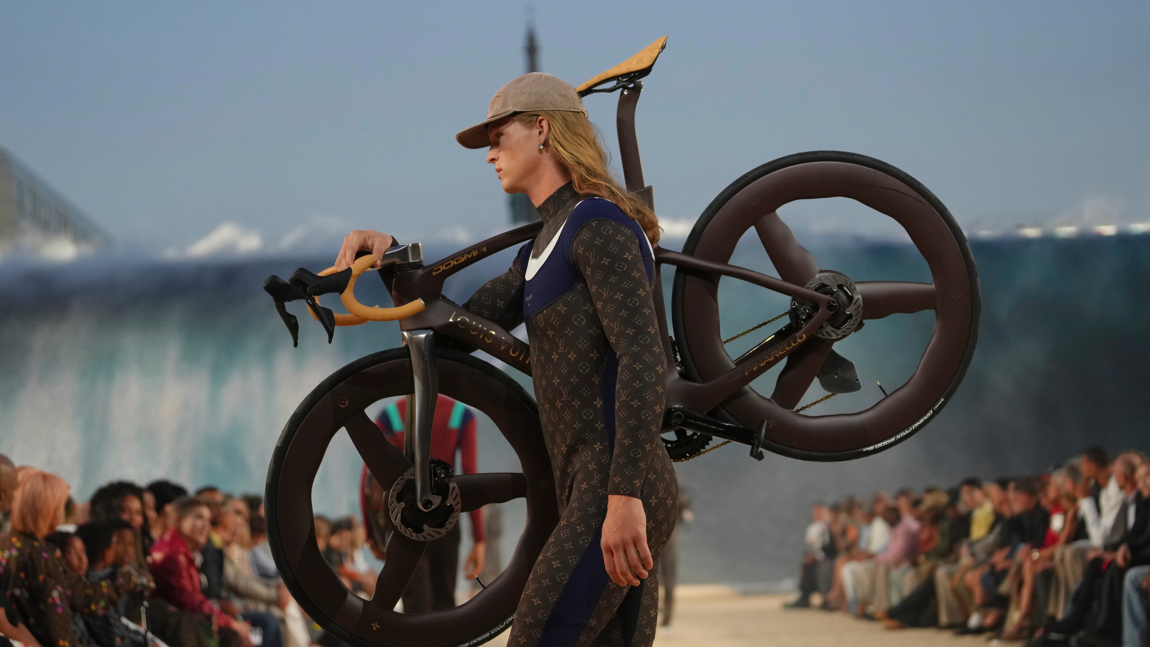 A model wears a creation as part of the Louis Vuitton men's Spring Summer 2027 collection presented in Paris, France, Tuesday, June 23, 2026. (AP Photo/Aurelien Morissard)