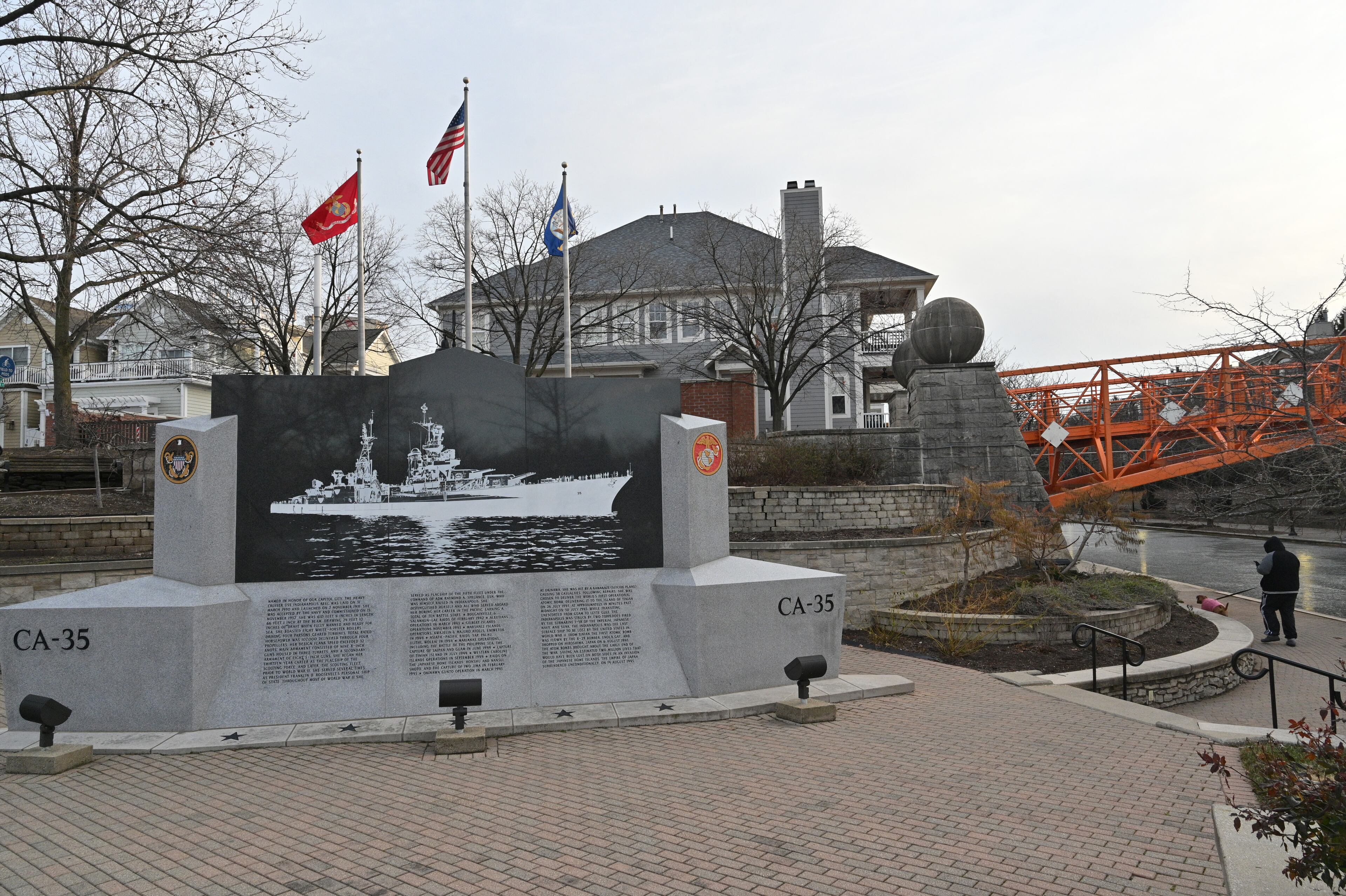 January 6, 2022 Indianapolis, IN - Photo shows one of landmarks, USS Indianapolis CA 35 Memorial, in downtown Indianapolis on Thursday, January 6, 2022. Downtown Indianapolis set to the 2022 College Football Playoff National Championship game between Georgia and Alabama. (Hyosub Shin / Hyosub.Shin@ajc.com)