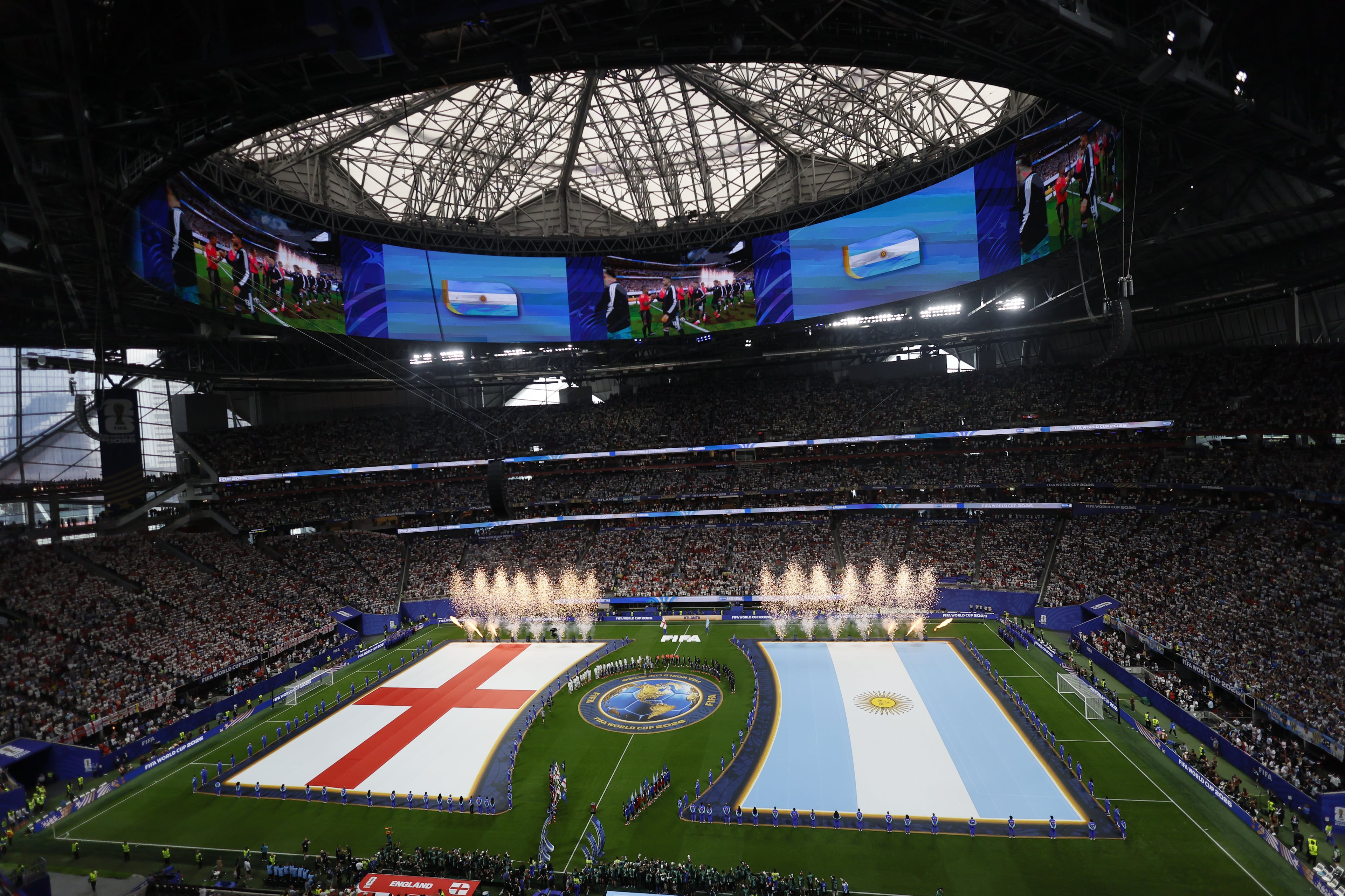 Fireworks go off after playing national anthems before start of Argentina vs. England FIFA World Cup Semifinal match at Atlanta Stadium (Mercedes-Benz Stadium) on Wednesday, July 15, 2026. (Miguel Martinez/AJC)