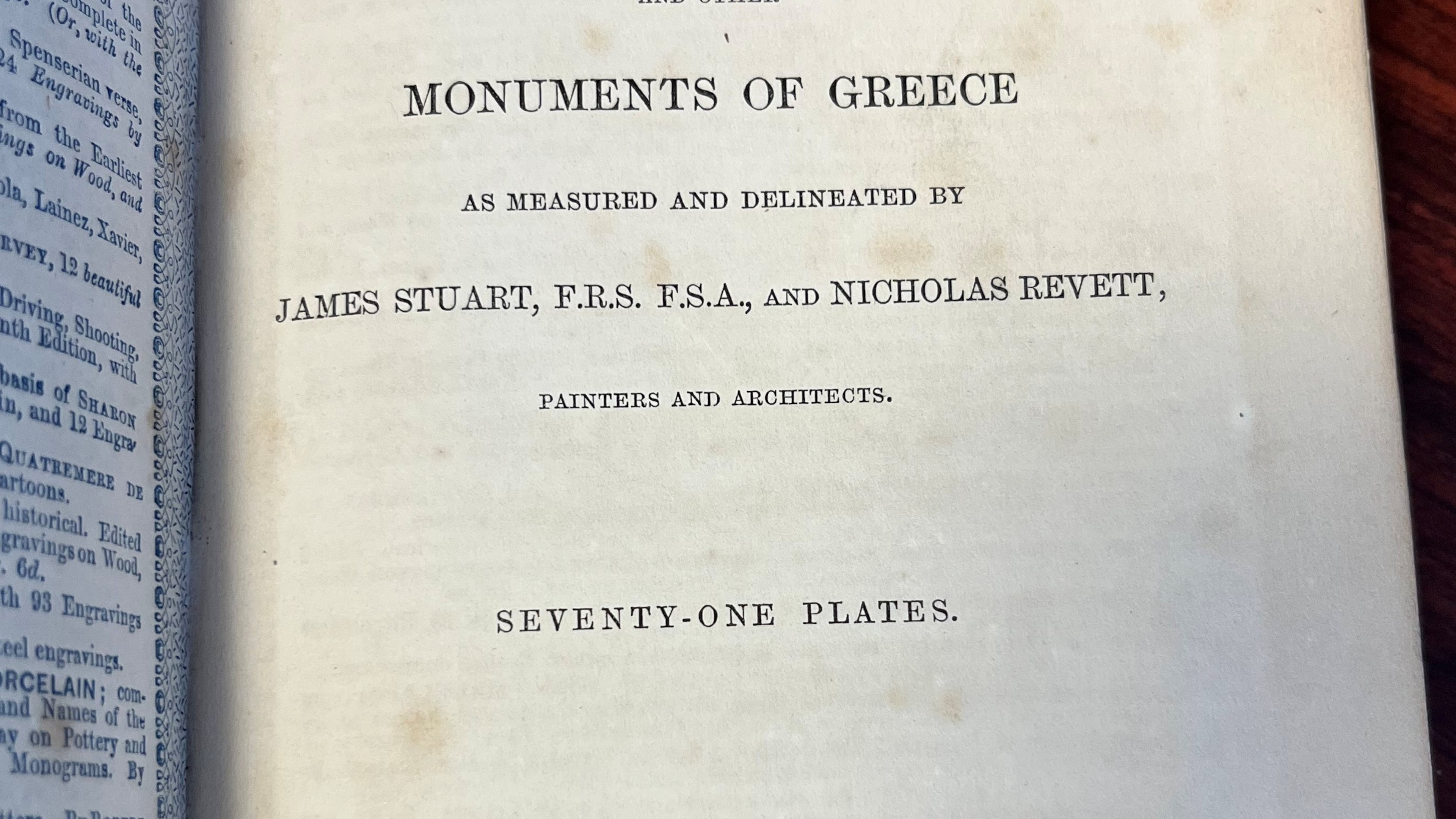 In this photo provided by Catherine Taylor a page of the book "Antiquities of Athens," stamped by a library, is shown on Thursday, July 30, 2026, after its return in Kiama, Australia, an estimated 150 years late. (Catherine Taylor via AP)