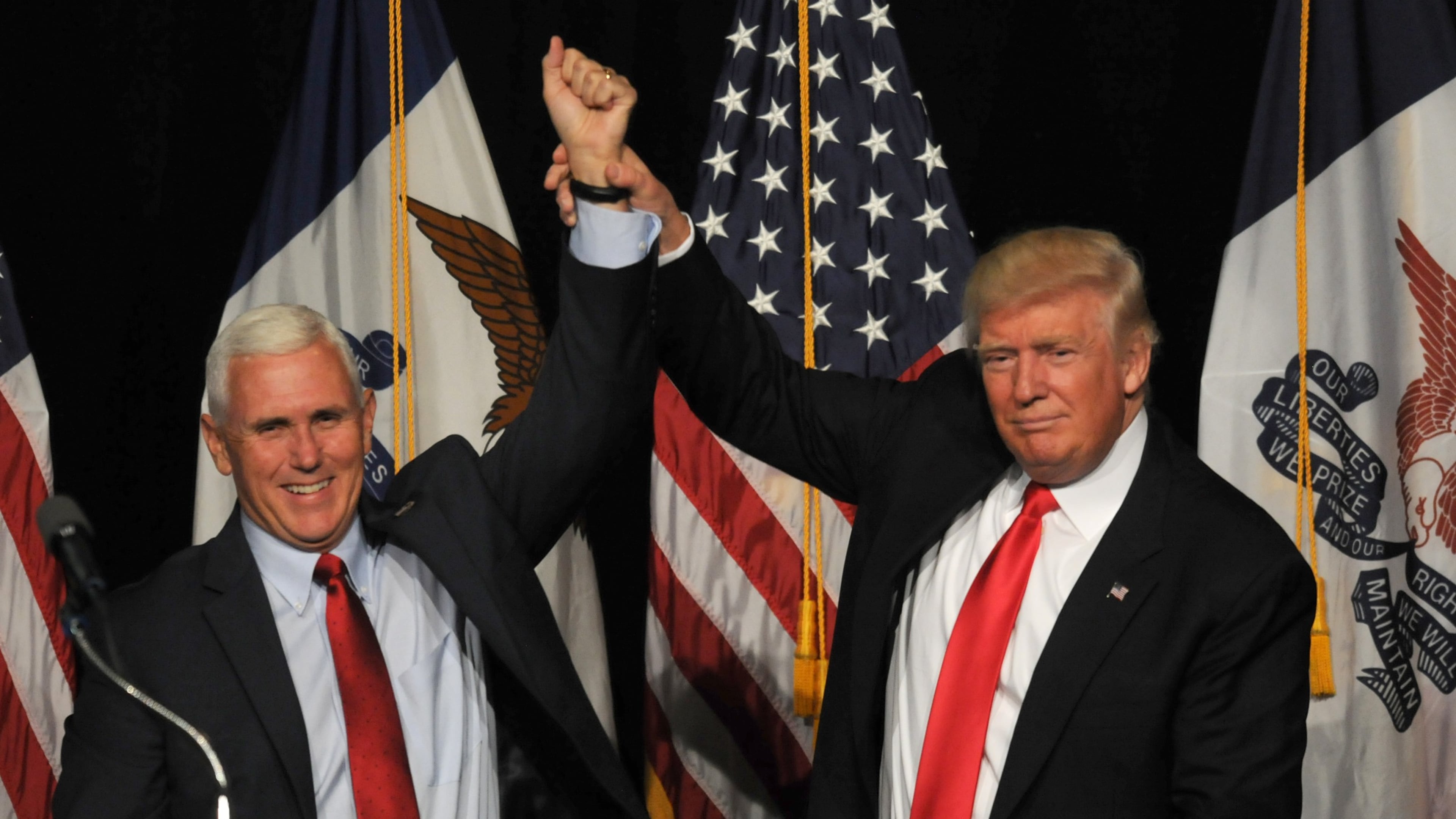 DES MOINES, IA - AUGUST 5 : Republican Presidential Candidate Donald Trump and Vice Presidential candidate, Indiana Governor Mike Pence greet supporters at a rally at the Iowa Events Center in Des Moines, Iowa on Friday August, 5, 2016. (Photo by Steve Pope/Getty Images)