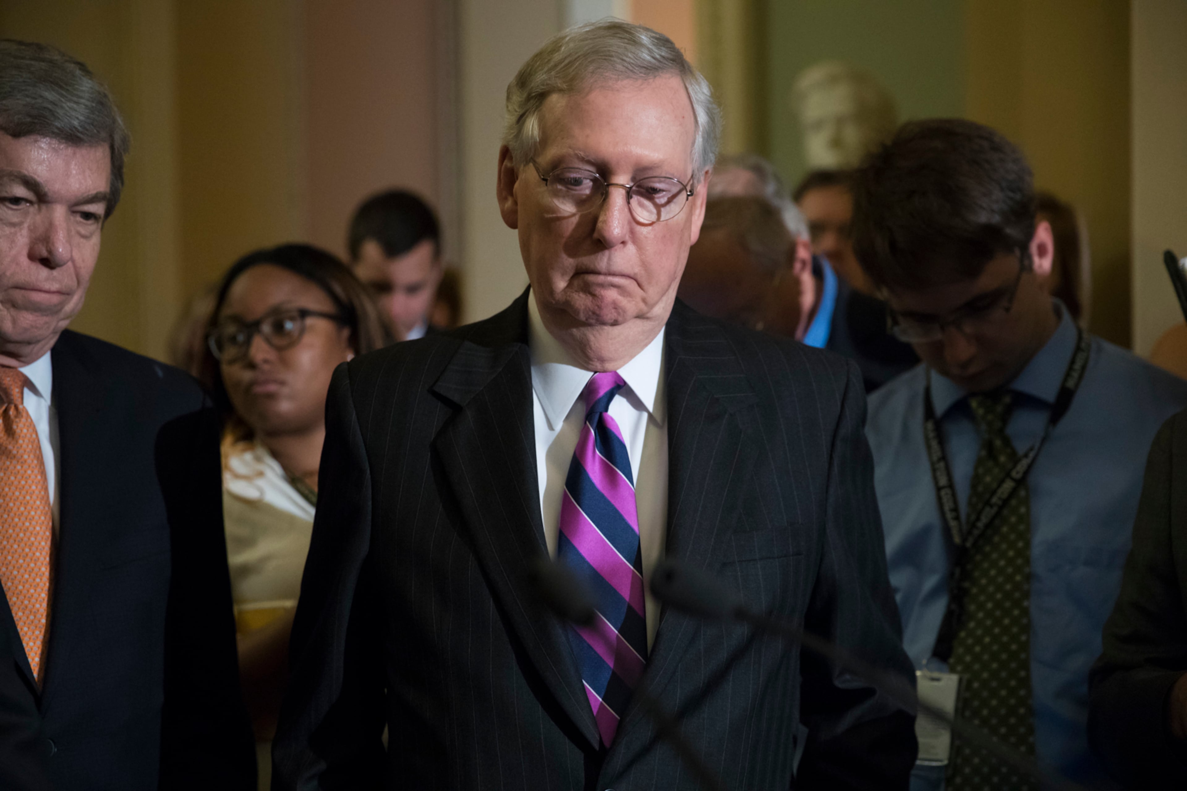 Senate Majority Leader Mitch McConnell of Ky., joined by Sen. Roy Blunt, R-Mo., left, pauses as he holds his first news conference since the Republican health care bill collapsed last week due to opposition within the GOP ranks, Tuesday, Aug. 1, 2017, on Capitol Hill Washington. (AP Photo/J. Scott Applewhite)