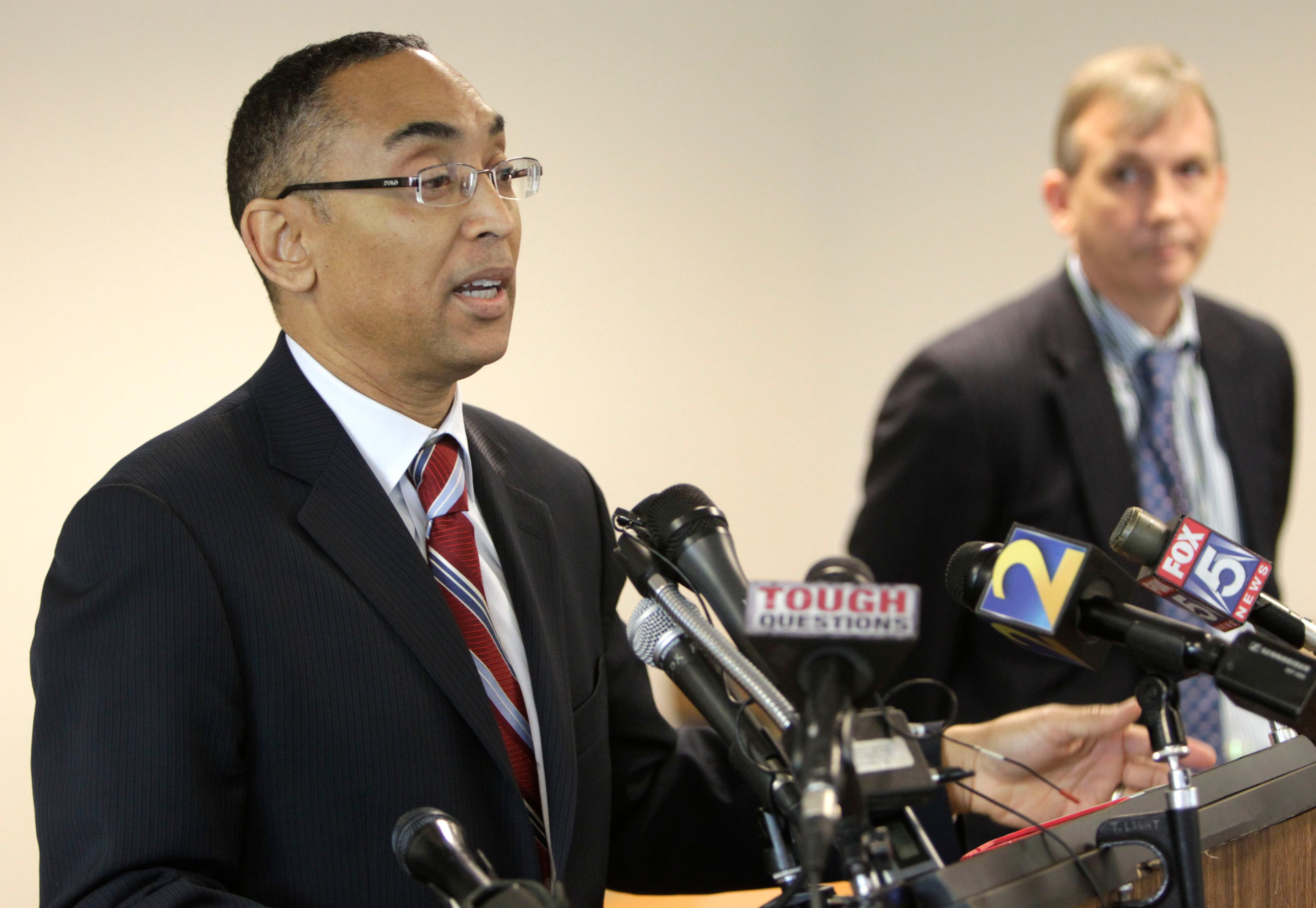 DeKalb CEO Burrell Ellis gives a press conference after DeKalb County authorities executed search warrants Monday morning at his home and office. "I don't know that I'm a target," of the investigation, he said, " but I'll be as cooperative as I can. I can't imagine anything in my home that would be of interest to the grand jury." BOB ANDRES /BANDRES@AJC.COM
