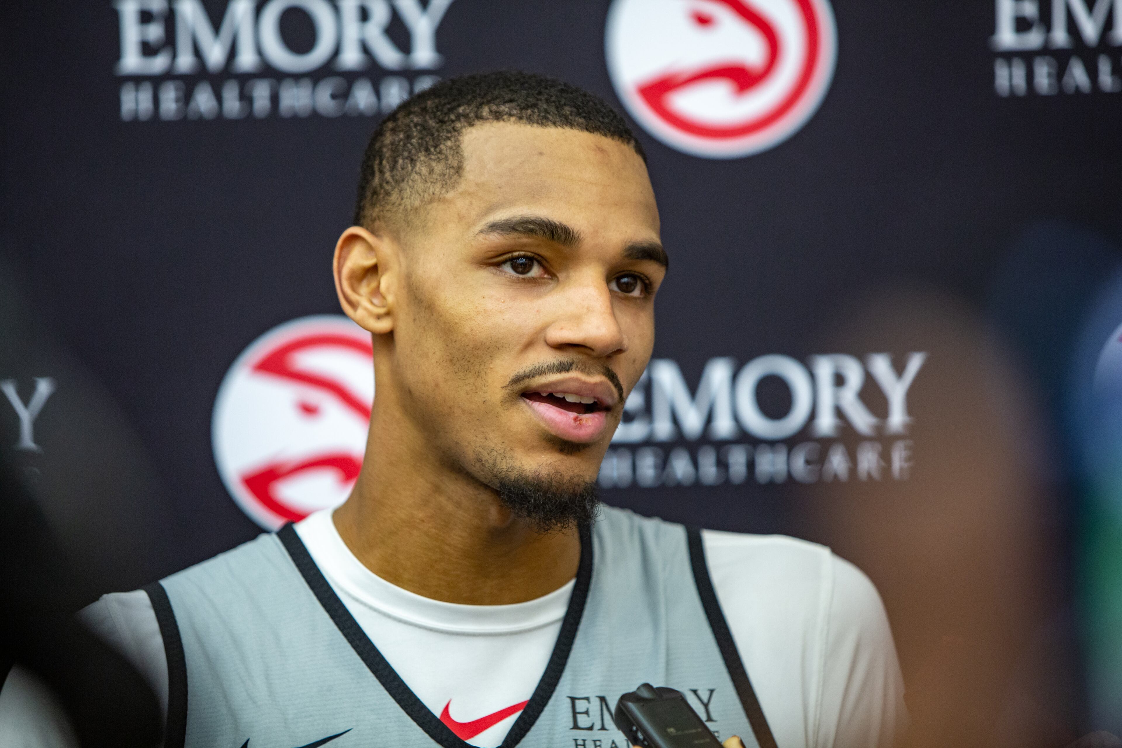 Hawks guard Dejounte Murray meets with the media Wednesday at the franchise's practice facility.