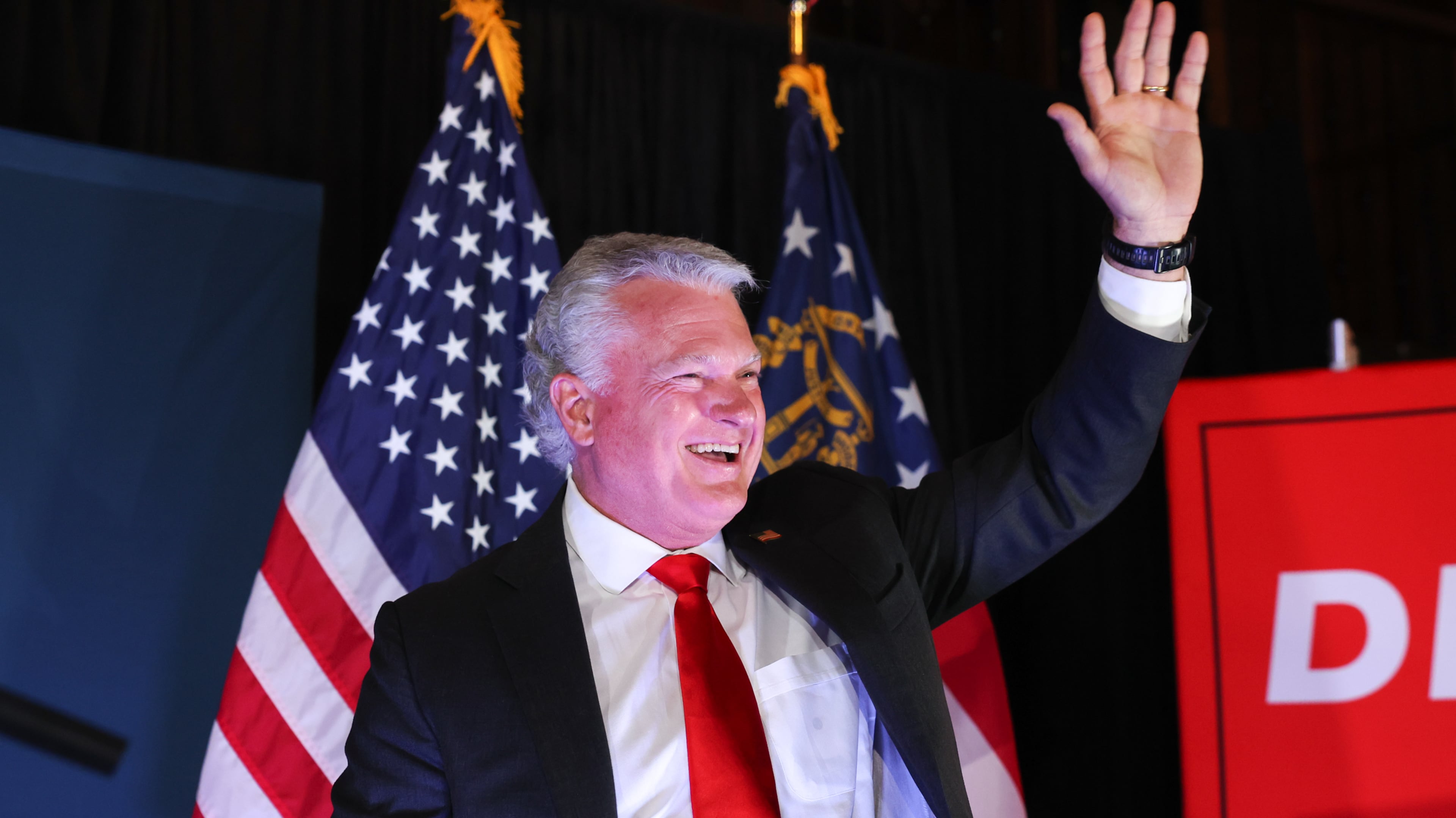 Republican U.S. Senate candidate Mike Collins walks out to speak at his primary election watch party in Jackson on Tuesday, May 19, 2026. (Arvin Temkar/AJC)