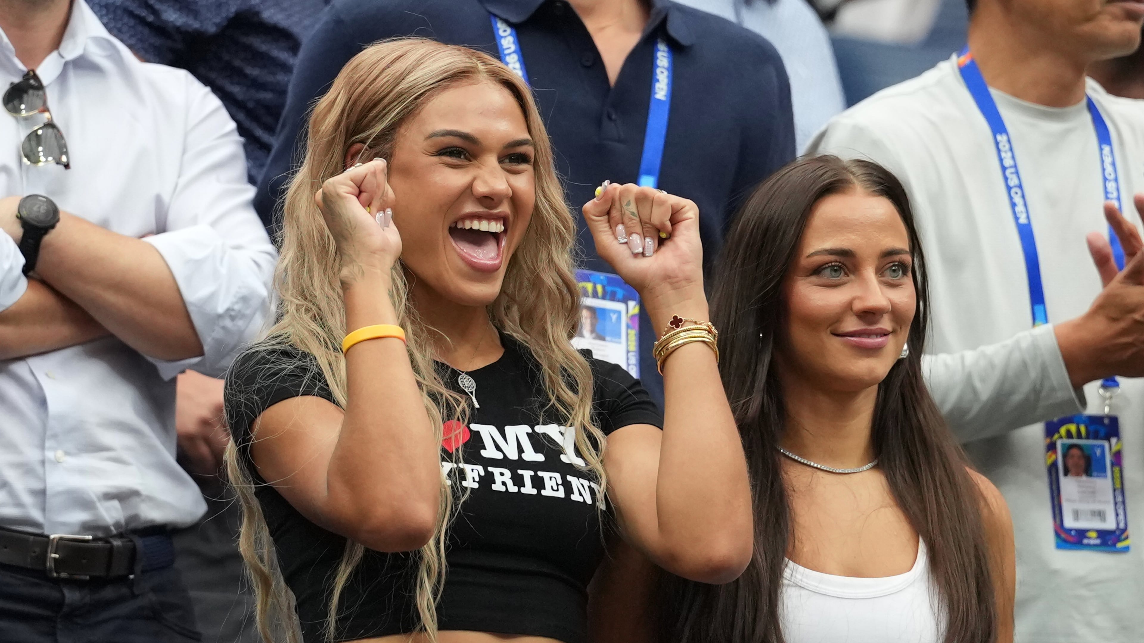Soccer player Trinity Rodman celebrates after her boyfriend Ben Shelton, of the United States, won his match against Hubert Hurkacz, of Poland, during the second round of the U.S. Open tennis championships Wednesday, Sept. 2, 2026, in New York. (AP Photo/Kirsty Wigglesworth)
