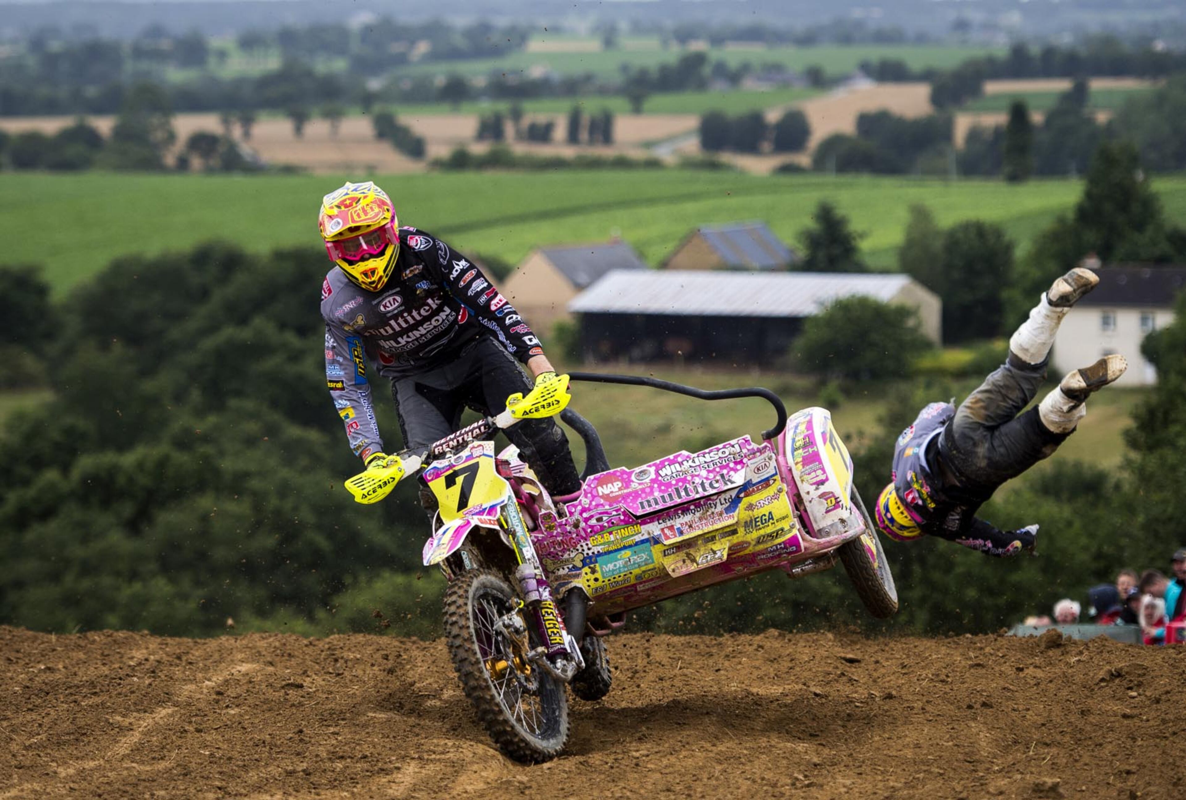 IFFENDIC, FRANCE - JULY 01: Brett Wilkinson of Great Britain takes a jump as his passenger Daniel Chamberlain of Great Britain crashes out during the Side-Car Cross World Championship on July 1, 2017 in Iffendic, France. (Photo by Justin Setterfield/Getty Images)