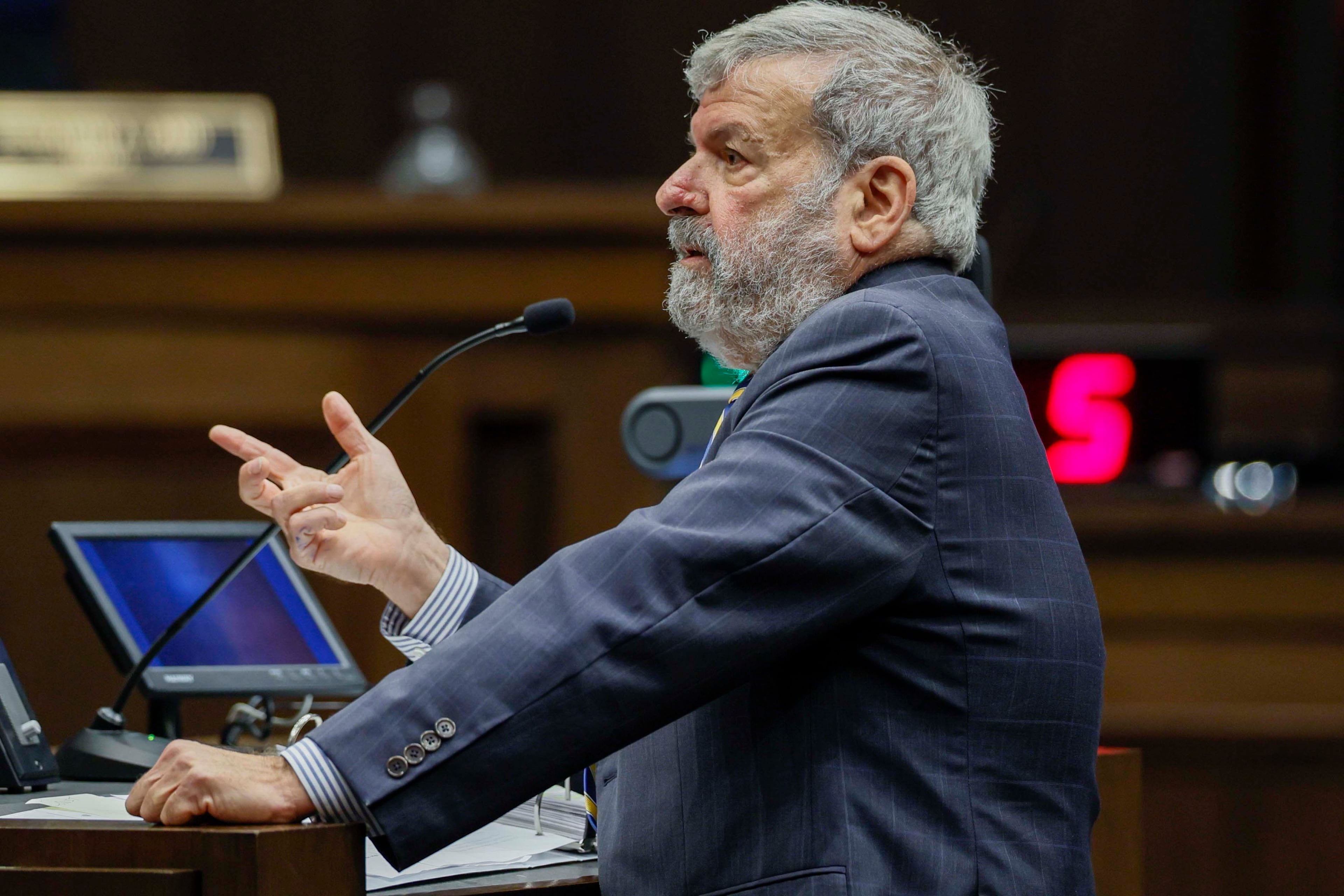 Attorney Don Samuel, representing Fulton County, argues before Justice Andrew A. Pinson (not pictured) on Wednesday, Oct. 14, 2026, at the Nathan Deal Judicial Center in Atlanta. (Miguel Martinez/AJC)