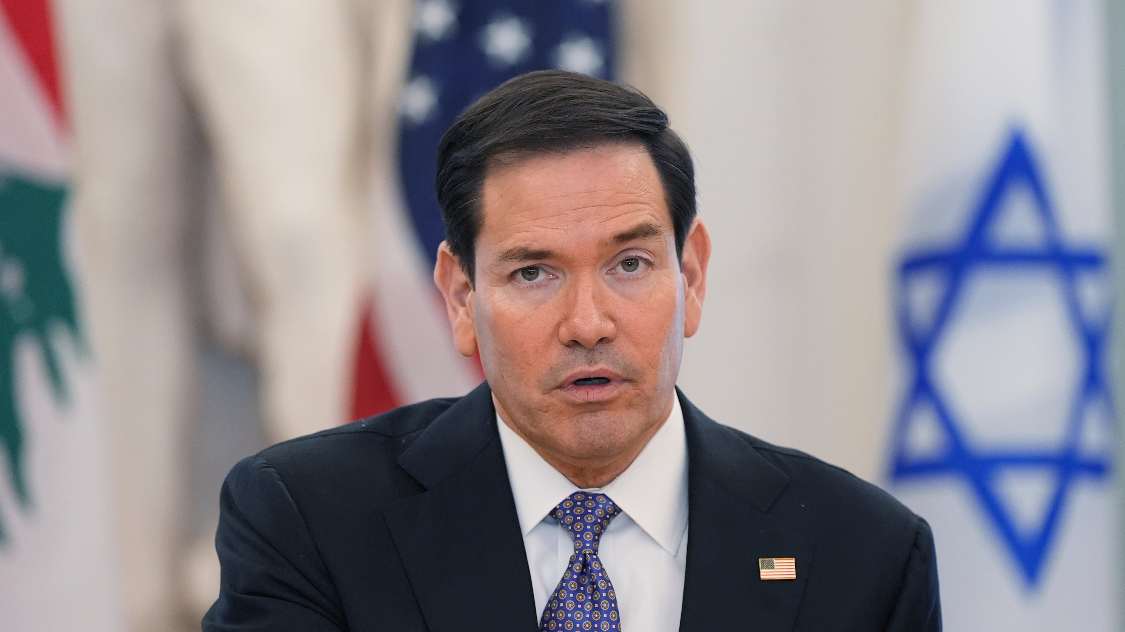 Secretary of State Marco Rubio speaks during diplomatic talks with ambassadors of Lebanon and Israel at the State Department in Washington, Tuesday, April 14, 2026. (AP Photo/Jacquelyn Martin)