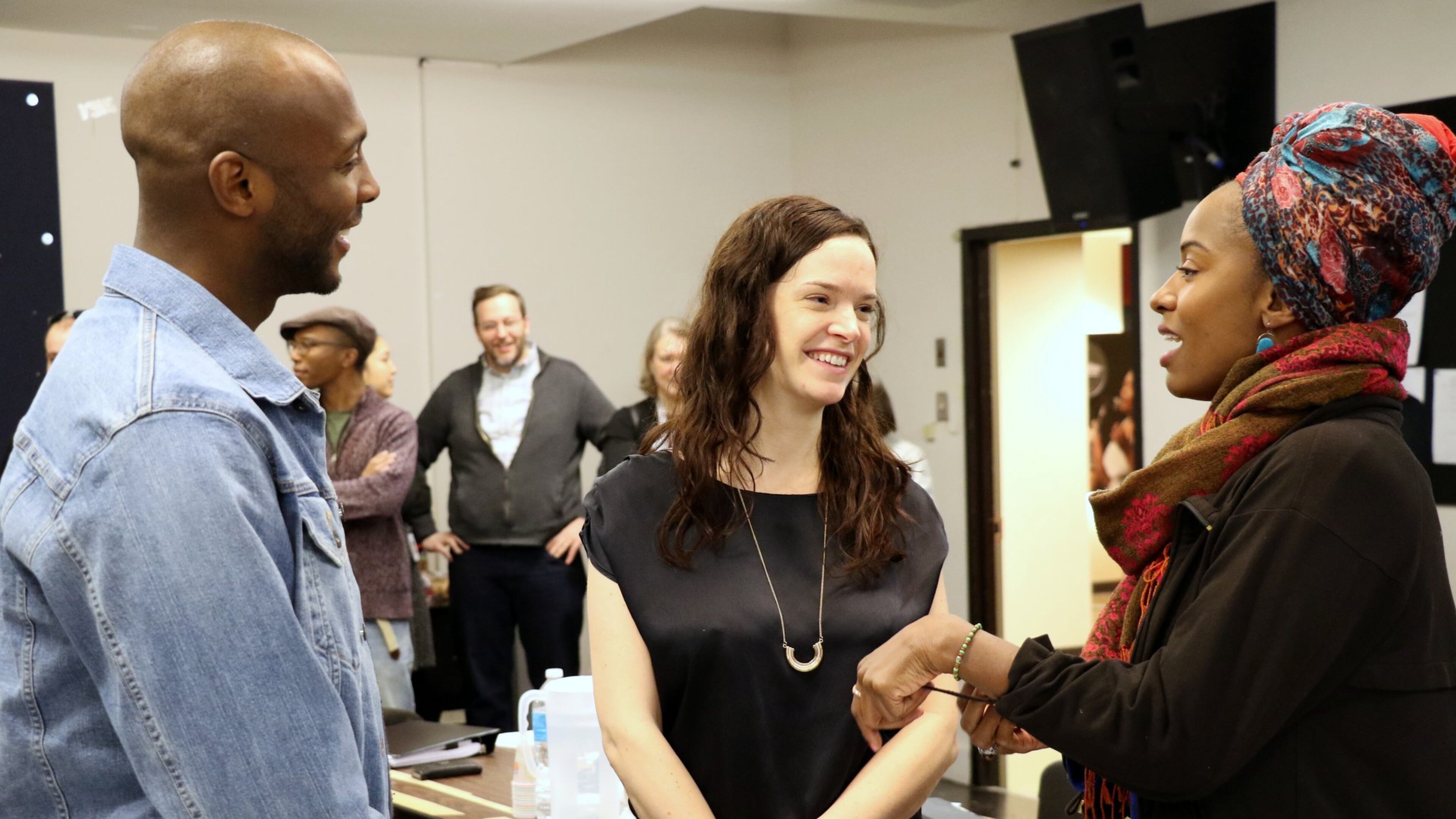 Playwright Jireh Breon Holder, director Margot Bordelon and actress Eboni Flowers on the first day of rehearsals for “Too Heavy for Your Pocket,” which will run at the Alliance Theatre through Feb. 26. CONTRIBUTED BY ARIEL TINTER