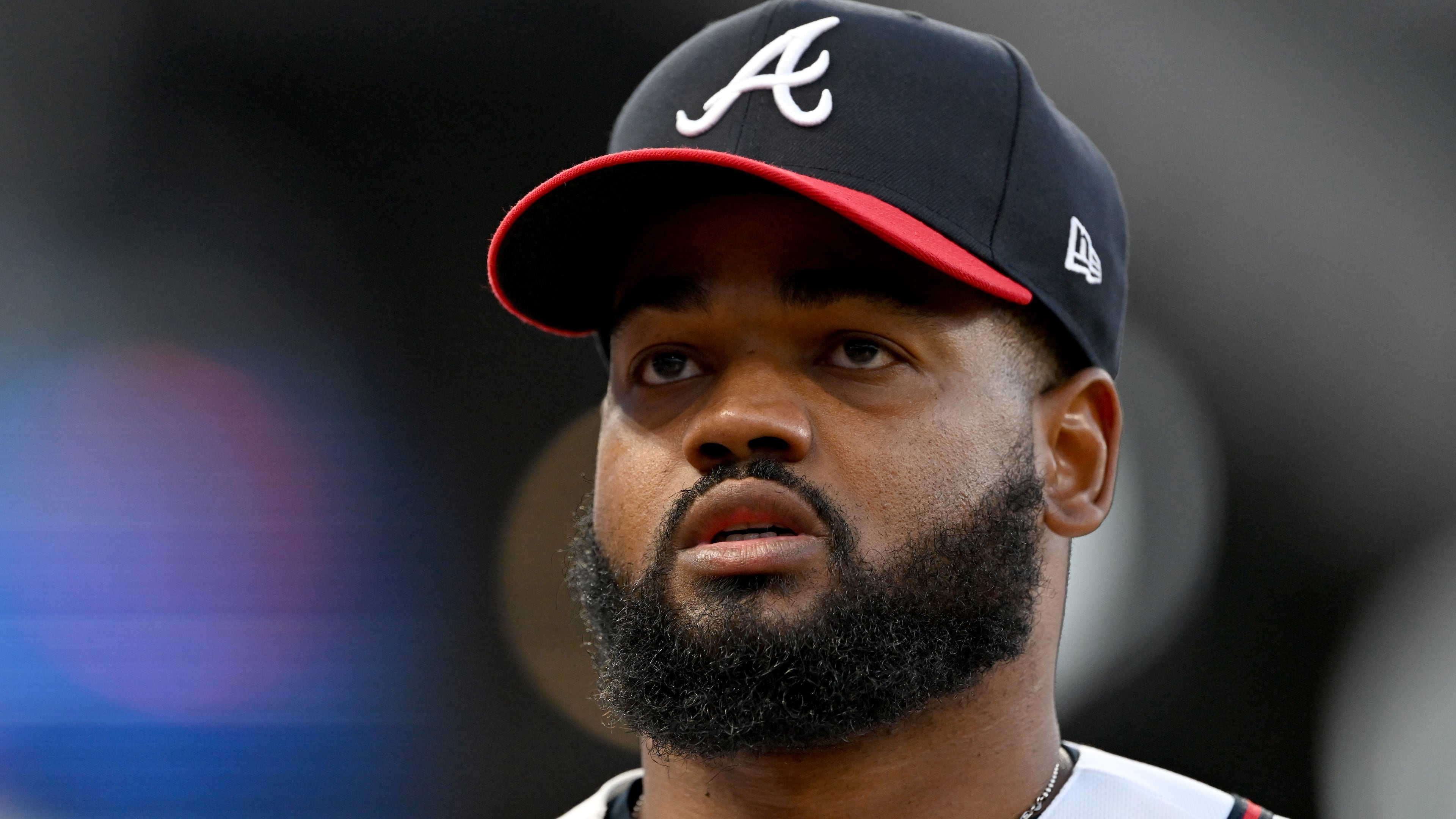 Atlanta Braves pitcher Reynaldo López reacts at the end of the second inning at Truist Park, Saturday, March 28, 2026, in Atlanta. (Hyosub Shin/AJC)