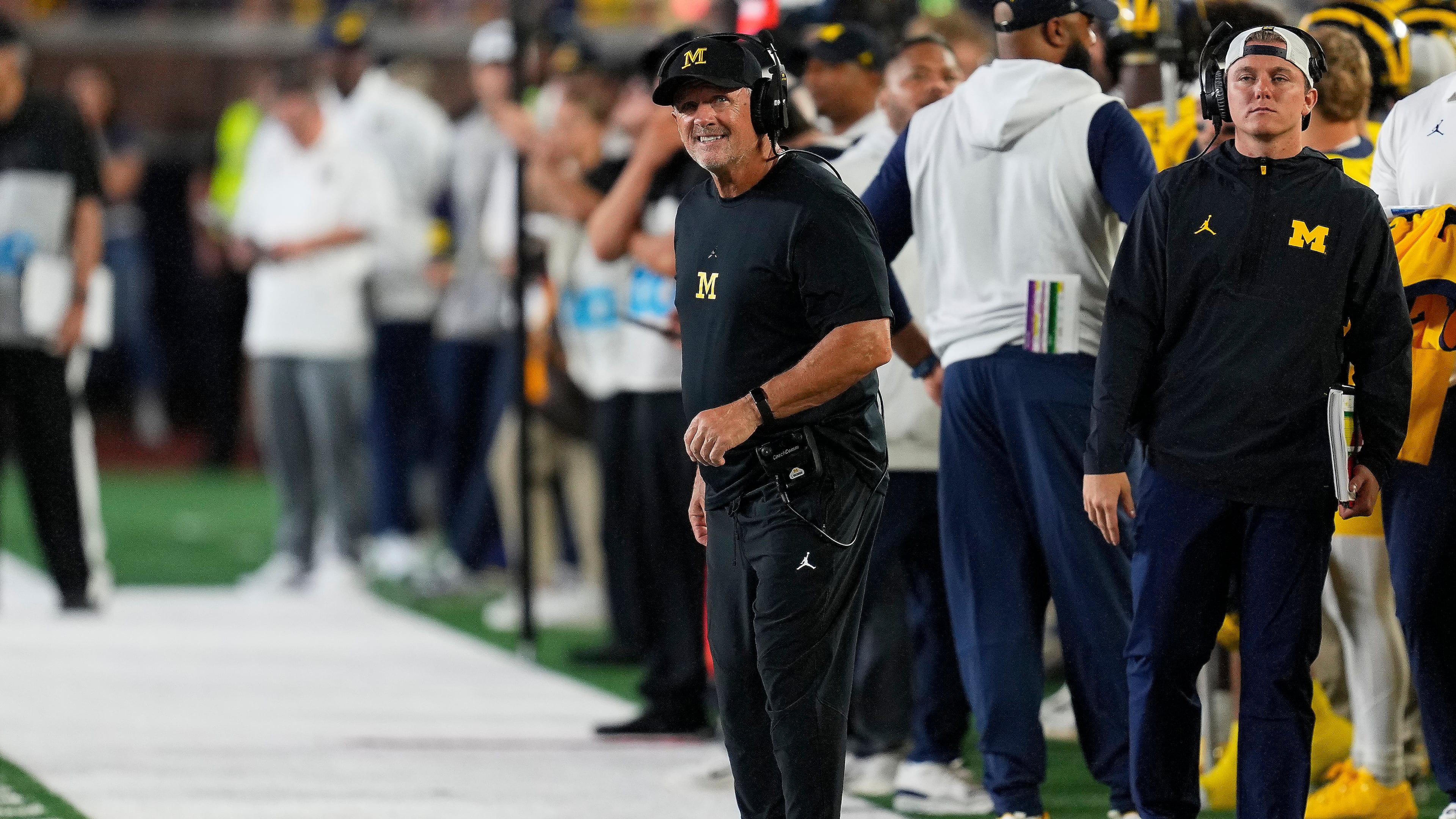 Michigan head coach Kyle Whittingham watches against Western Michigan during the first half of an NCAA college football game Saturday, Sept. 5, 2026, in Ann Arbor, Mich. (AP Photo/Paul Sancya)