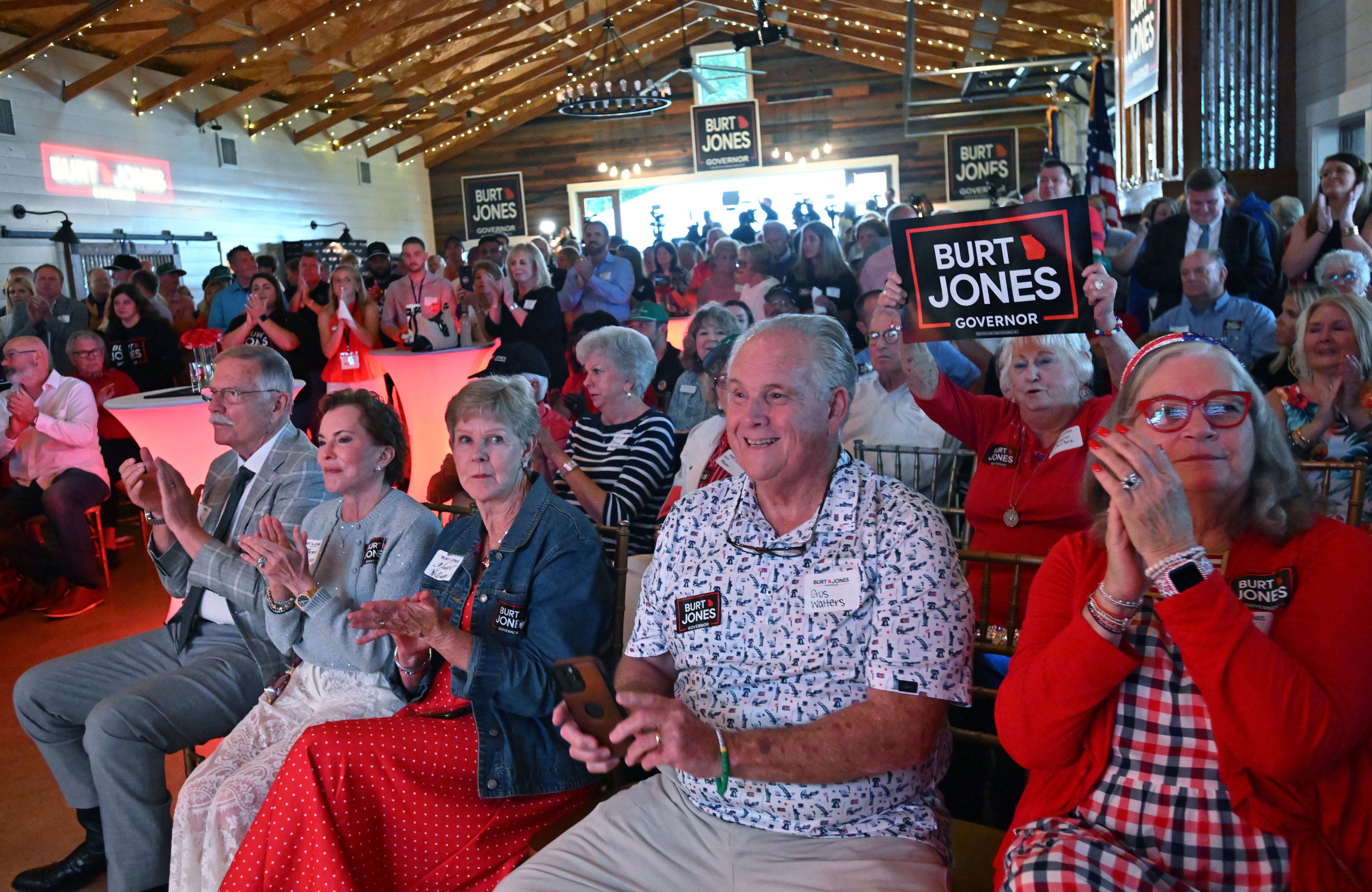 Supporters cheer during the election night watch party for Georgia gubernatorial candidate Burt Jones at The Rivers Ranch during Georgia’s primary runoff on Tuesday, June 16, 2026, in Jackson. (Hyosub Shin/AJC)
