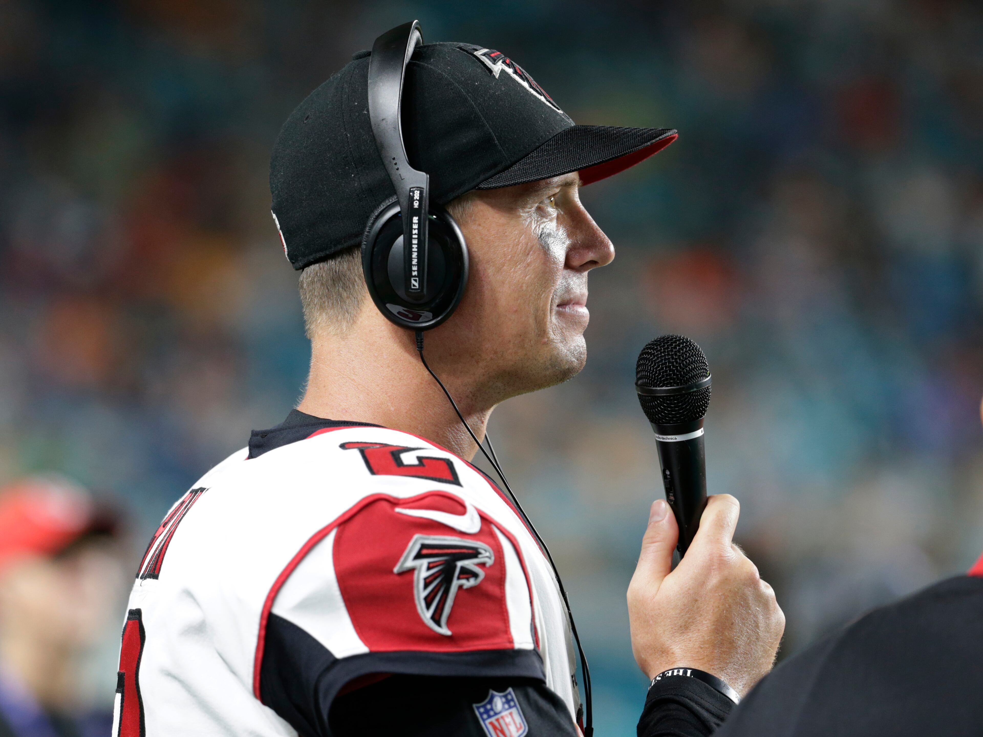 Atlanta Falcons quarterback Matt Ryan (2) talks, during the second half of an NFL preseason football game against the Miami Dolphins, Thursday, Aug. 10, 2017, in Miami Gardens, Fla. (AP Photo/Lynne Sladky)