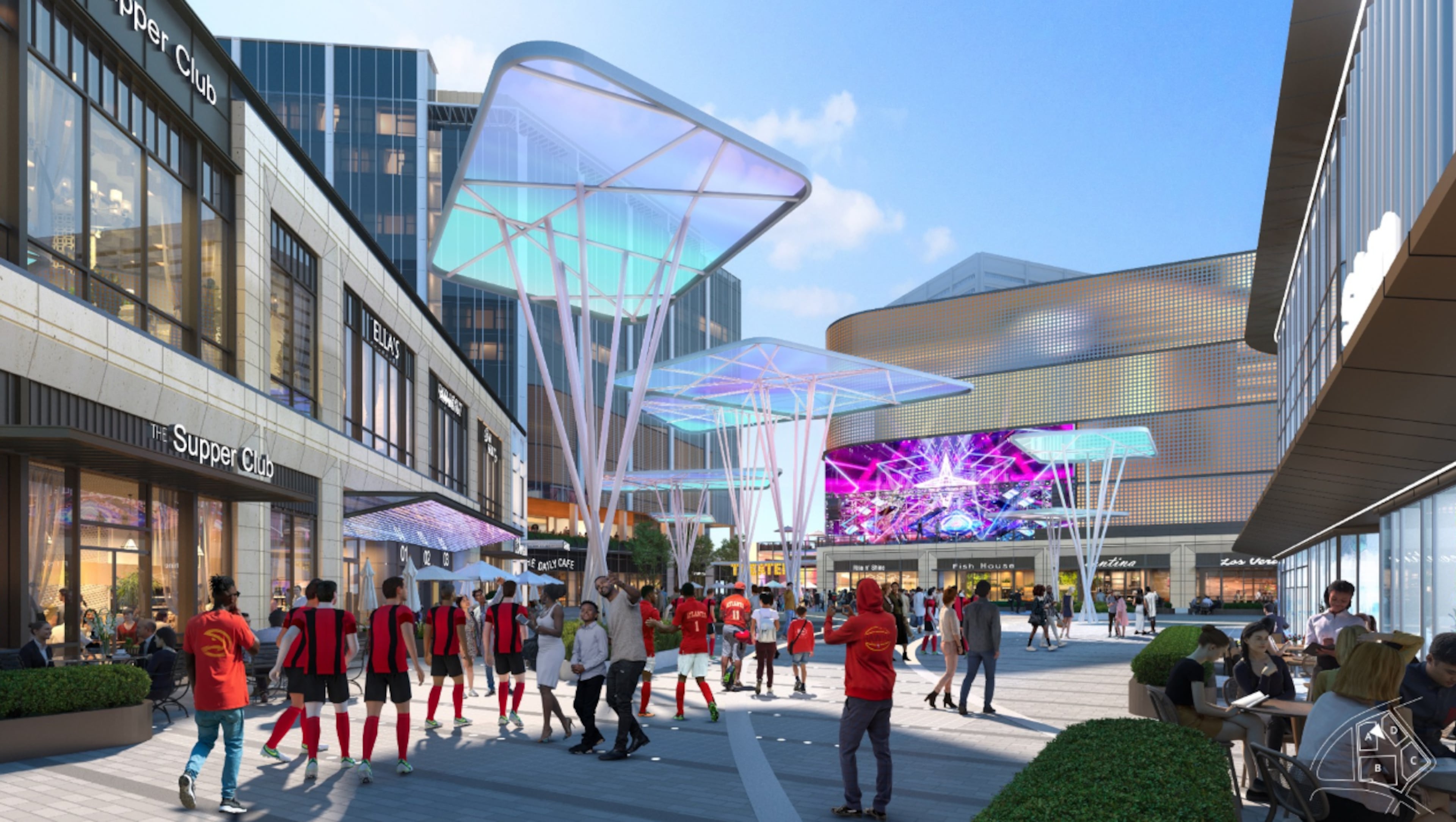 This is a rendering of the planned entertainment district that will make up the center of the Centennial Yards development in downtown Atlanta. The project was designed by Atlanta architecture firm Gensler.