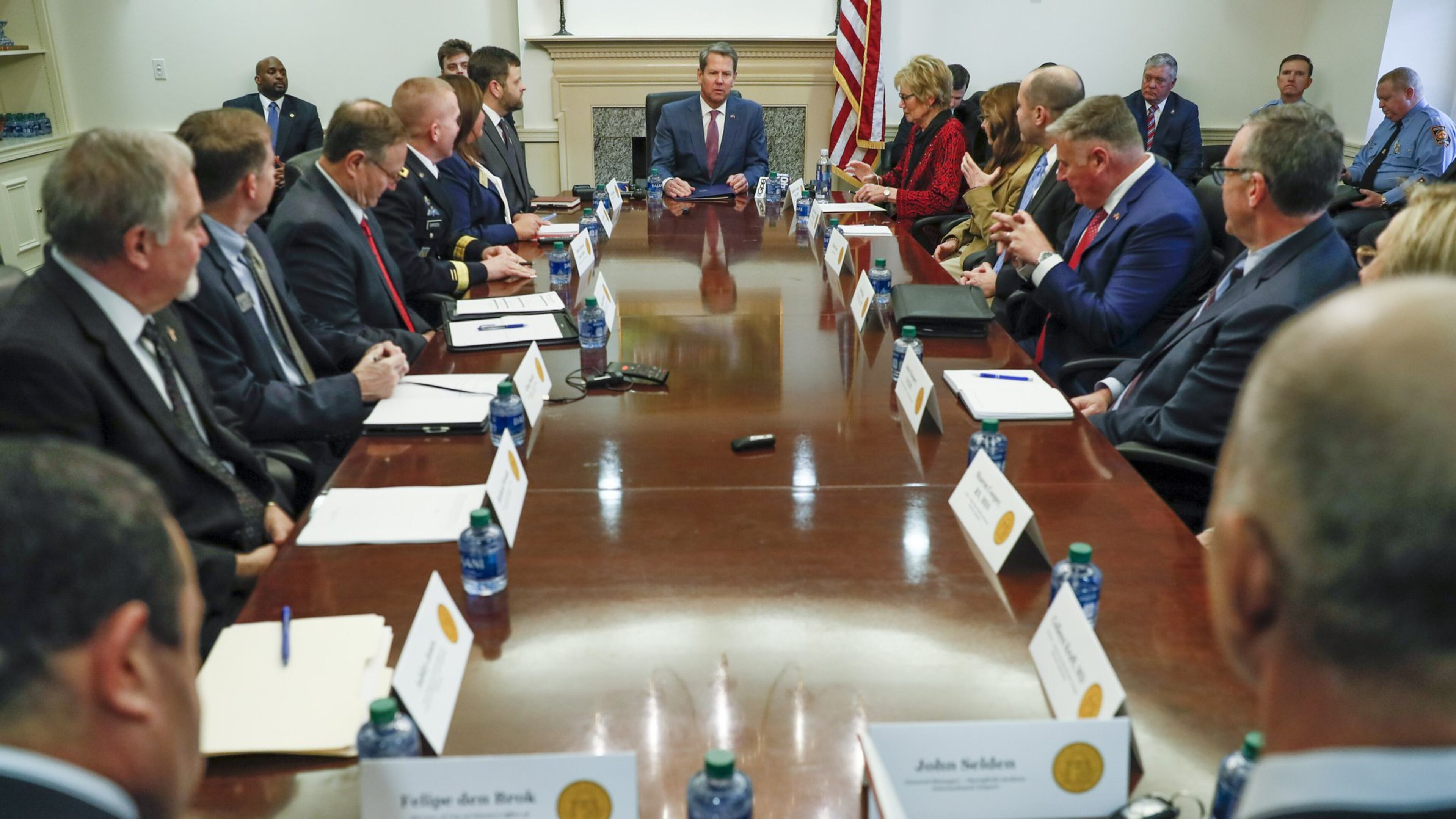 February 28, 2020 - Atlanta - Governor Brian Kemp addressed the newly formed Governor’s Coronavirus Task Force. State School Superintendent Richard Woods is seated second from left. Bob Andres / robert.andres@ajc.com