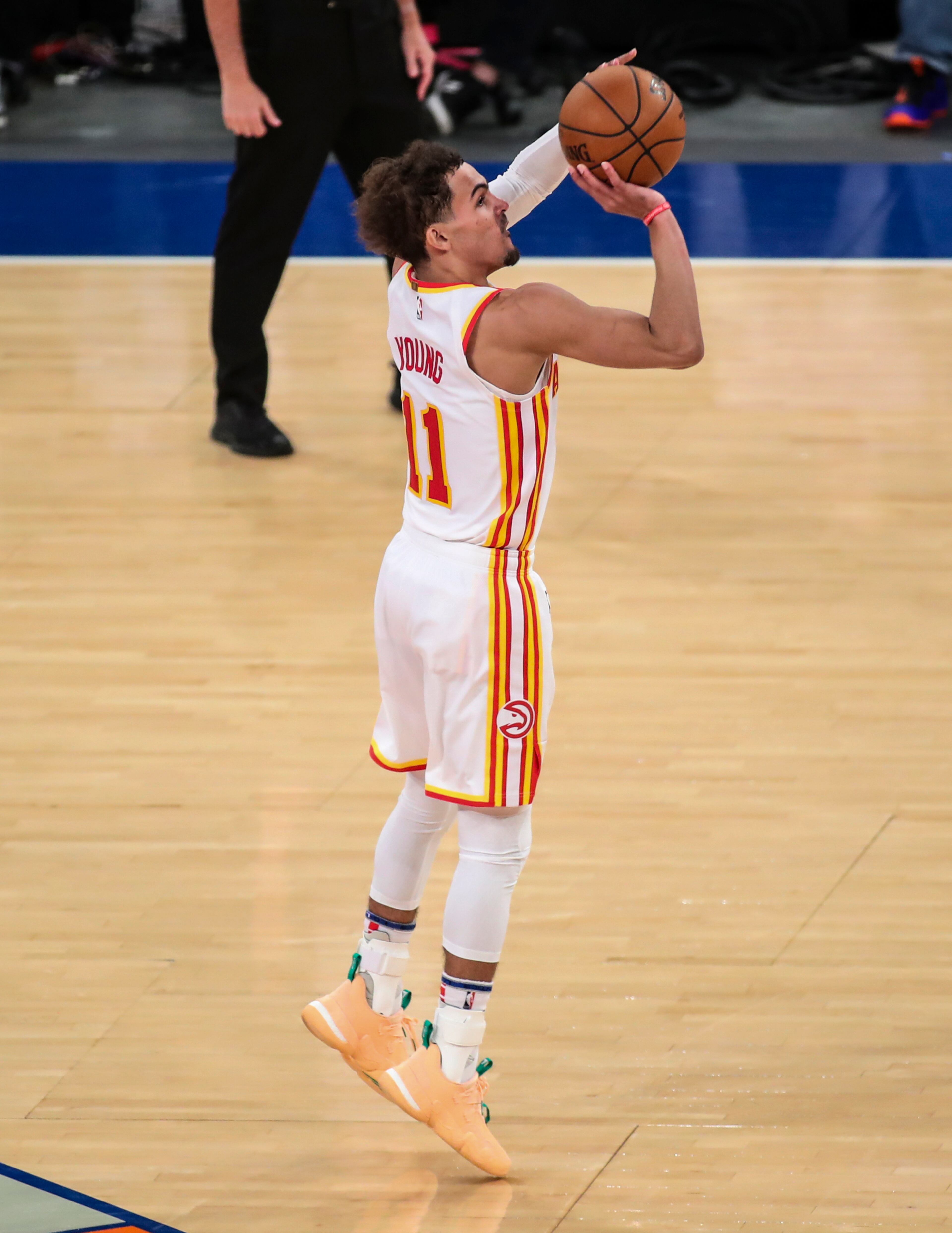 Atlanta Hawks guard Trae Young (11) takes a 3-point shot in the third quarter against the New York Knicks during Game 5 of an NBA basketball first-round playoff series Wednesday, June 2, 2021, in New York. (Wendell Cruz/Pool Photo via AP)