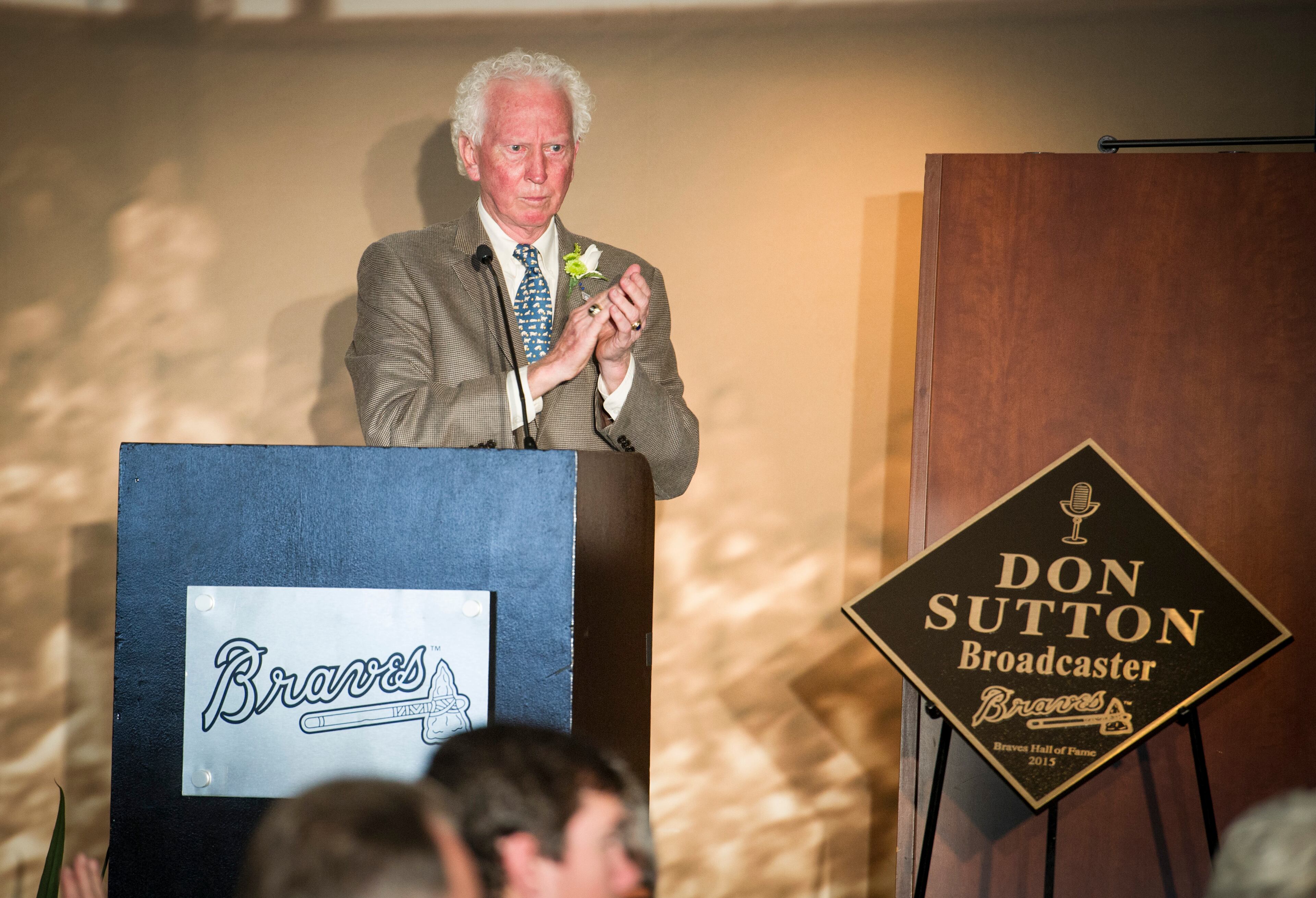 Don Sutton speaks about his biggest inspration, his dad, during the Atlanta Braves Hall of Fame luncheon inducting him as a broadcaster, Monday, July 20, 2015, at Turner Field in Atlanta. (Photo/John Amis)