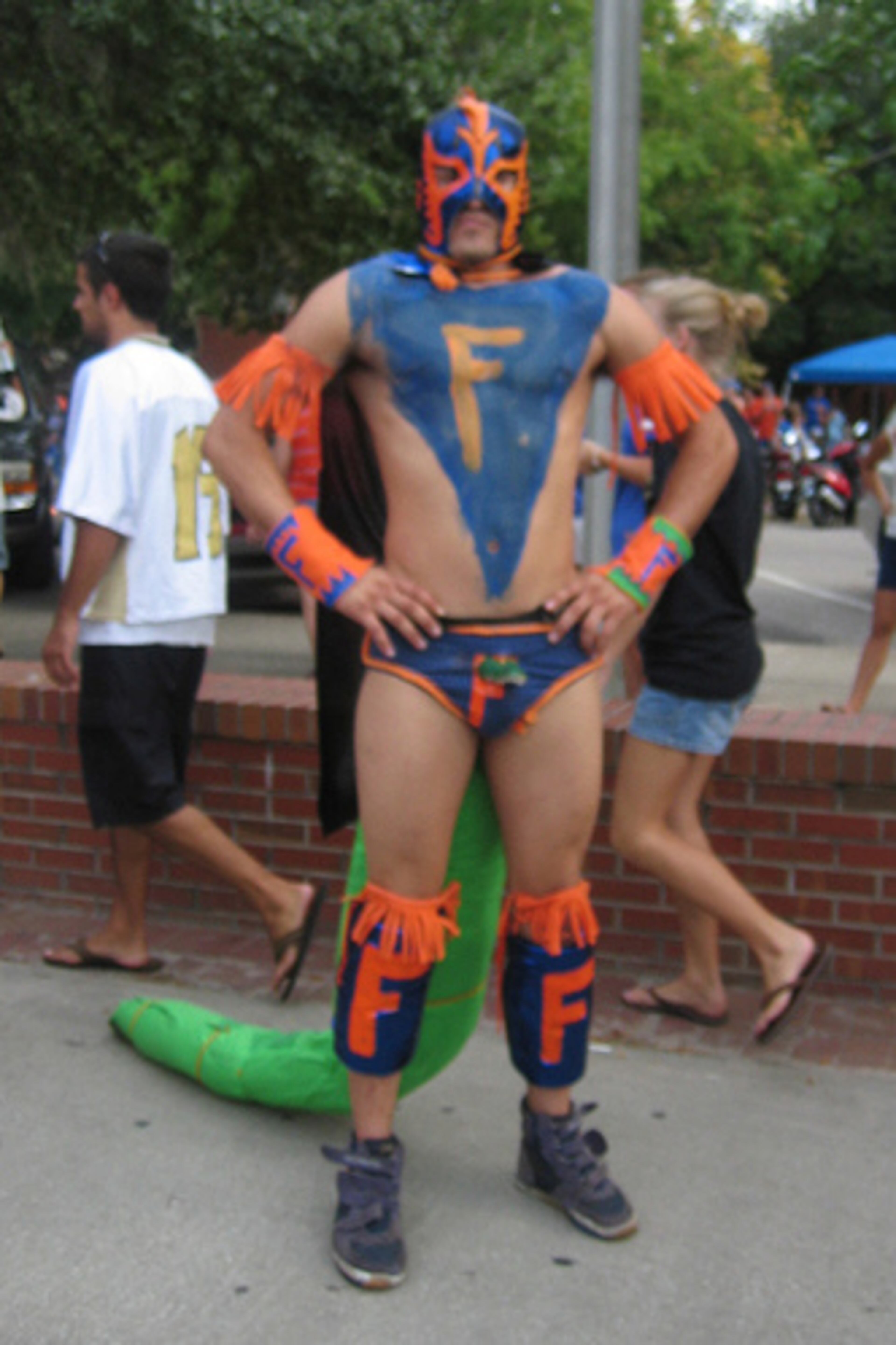 Superhero costumes are popular during Halloween. But whatever you do, avoid the Florida Ultimate Warrior Gator-like thing.