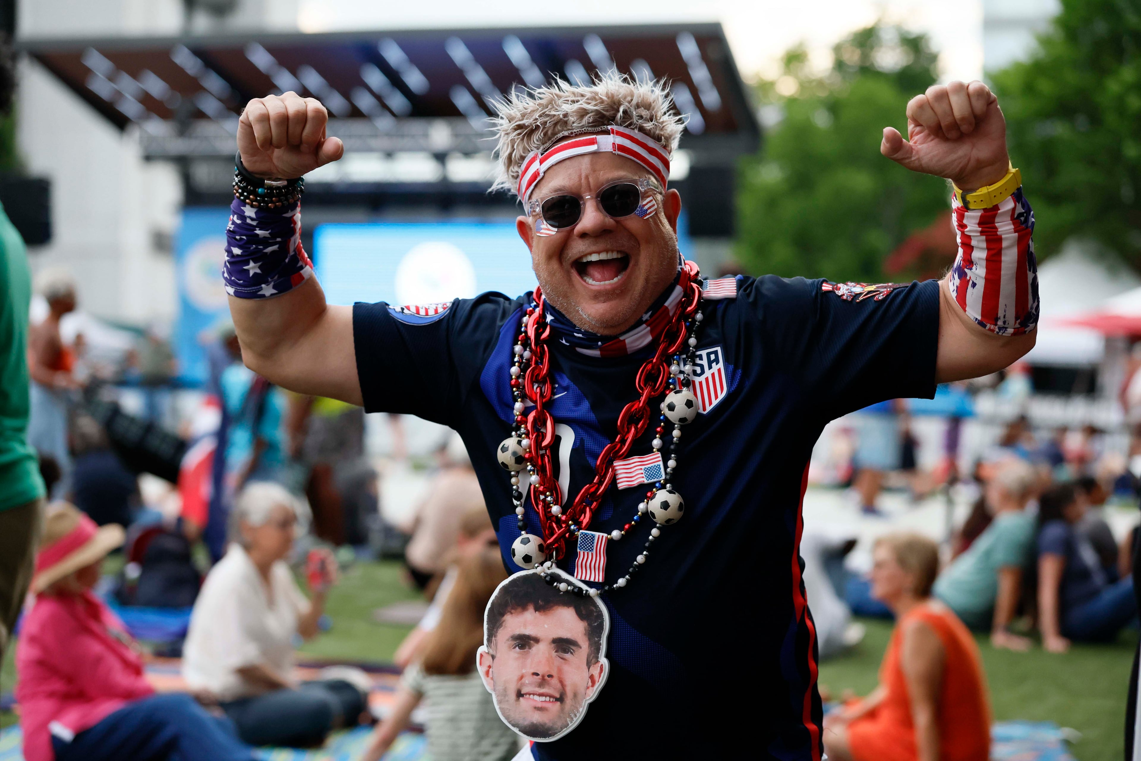 Mark Davidson of Johns Creek, a member of the American Outlaws ATL, attends Decatur WatchFest ’26 on Thursday, June 25, 2026. (Miguel Martinez/AJC)