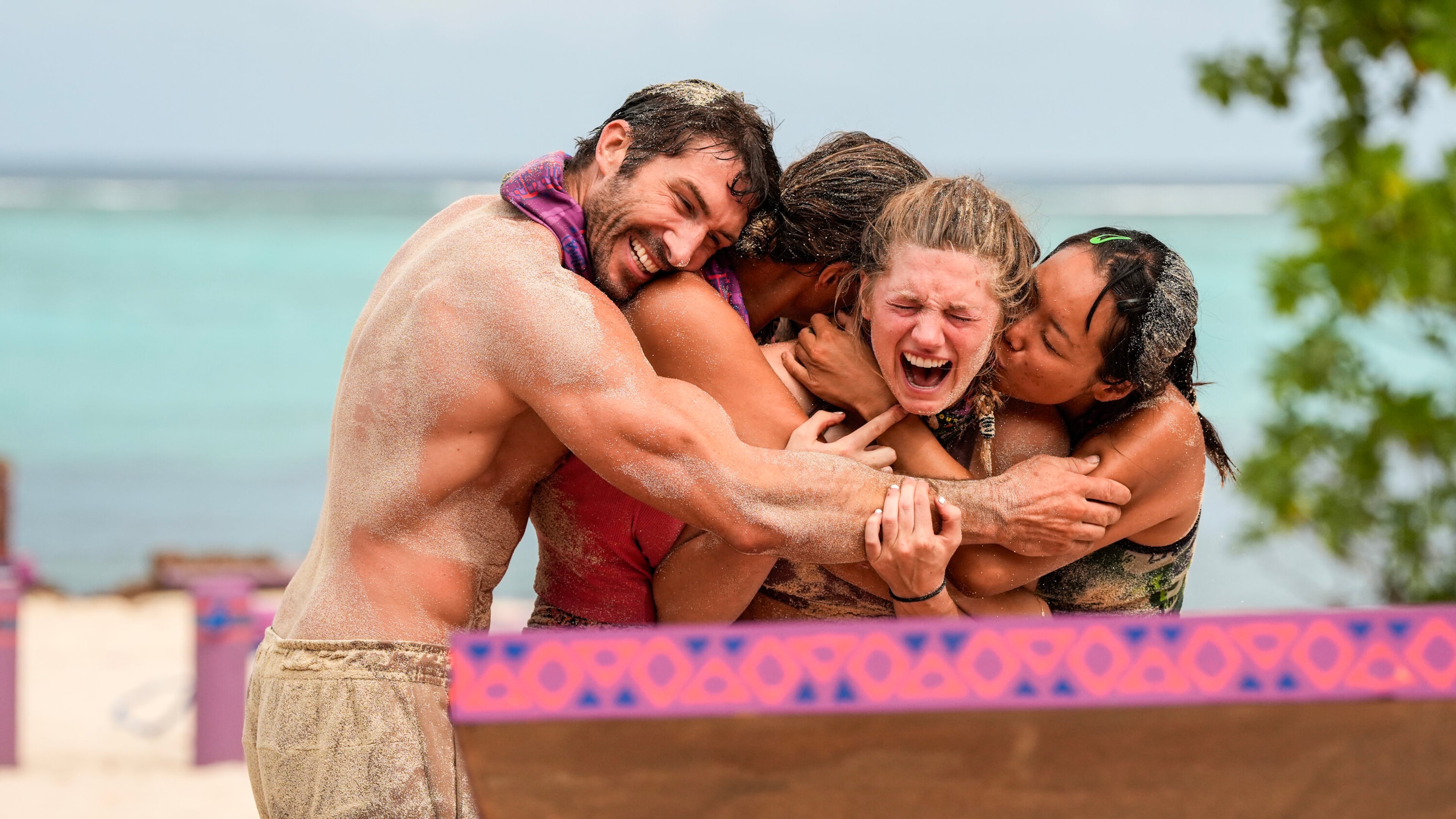 Eva Erickson gets hugged by her team on "Survivor" after winning an immunity challenge on the fourth episode of season 48 of the long-running reality competition show. Photo: Robert Voets/CBS ©2024 CBS Broadcasting, Inc. All Rights Reserved.