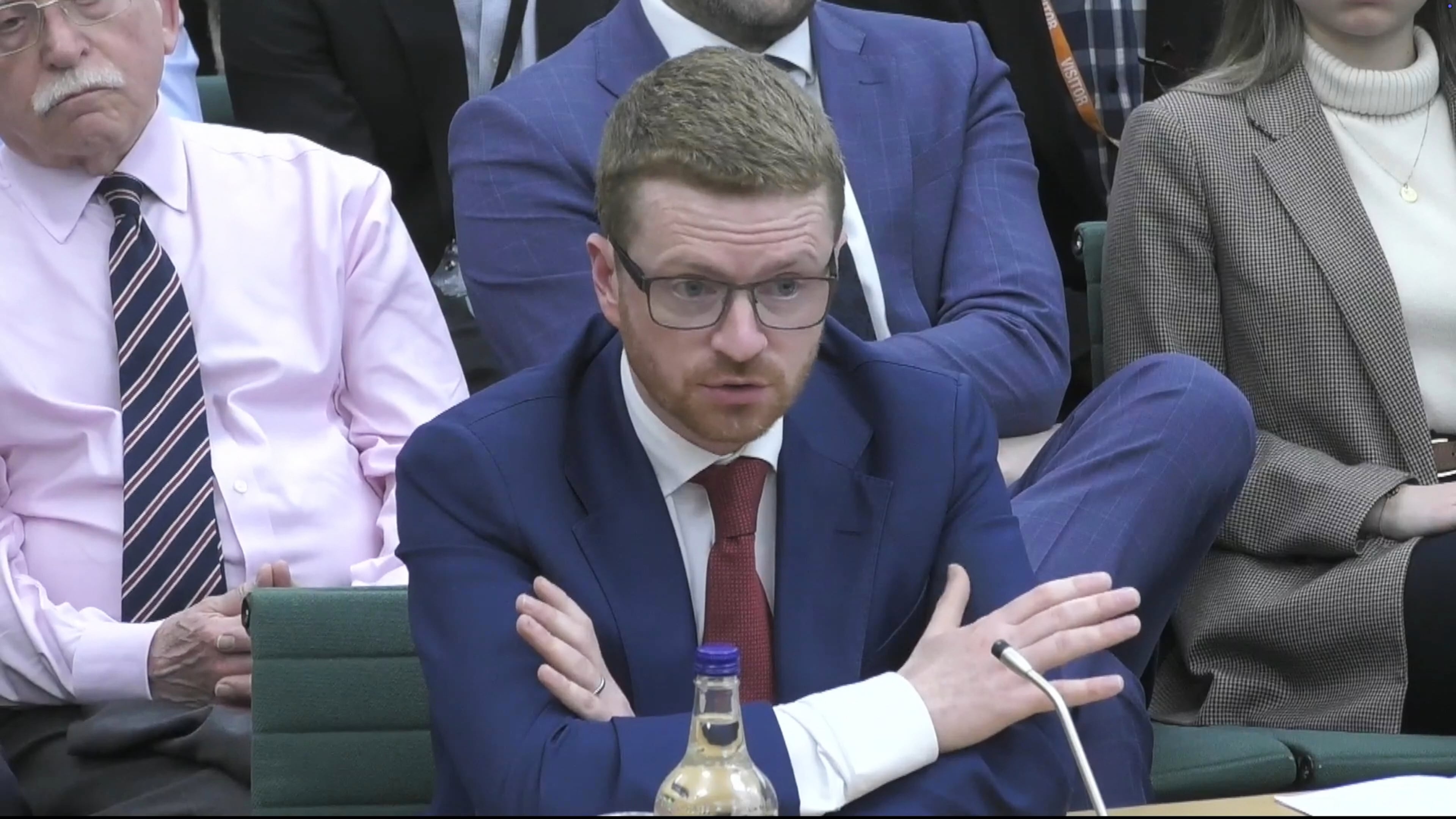 This is a screen grab of former former No10 chief of staff Morgan McSweeney appearing before the Foreign Affairs Committee about Lord Peter Mandelson's vetting process at the Houses of Parliament, in London, Tuesday, April 28, 2026. (House of Commons/UK Parliament/PA via AP)