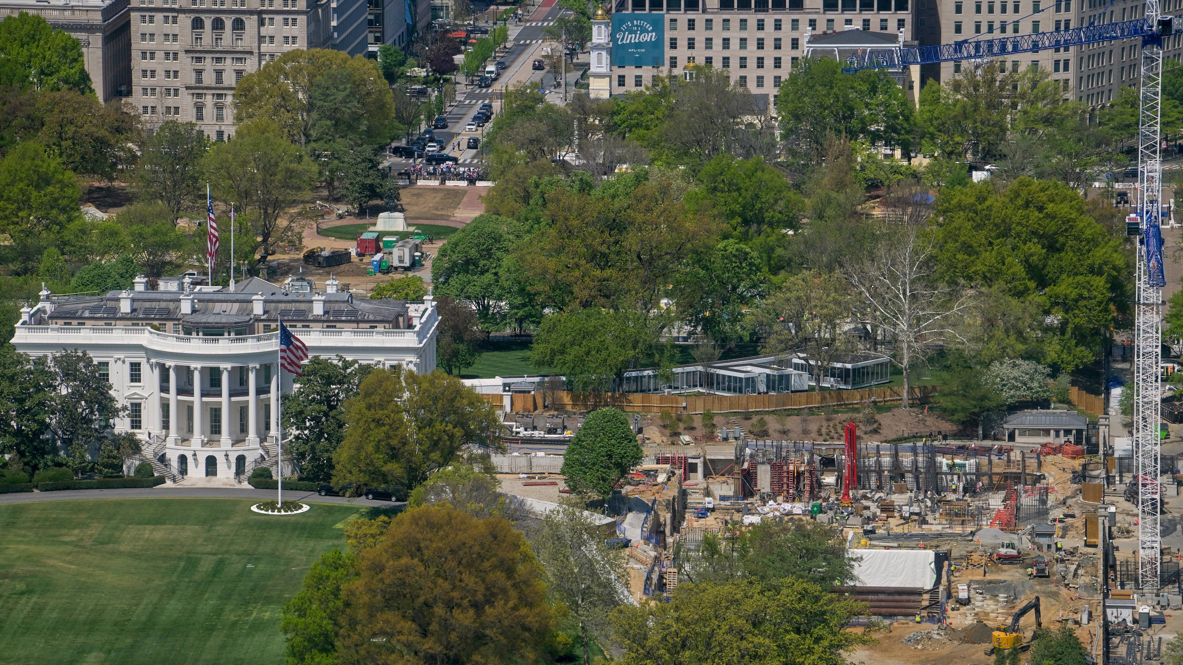 Work continues on the construction of the ballroom at the White House, Thursday, April 9, 2026, in Washington, where the East Wing once stood. (AP Photo/Rod Lamkey, Jr.)