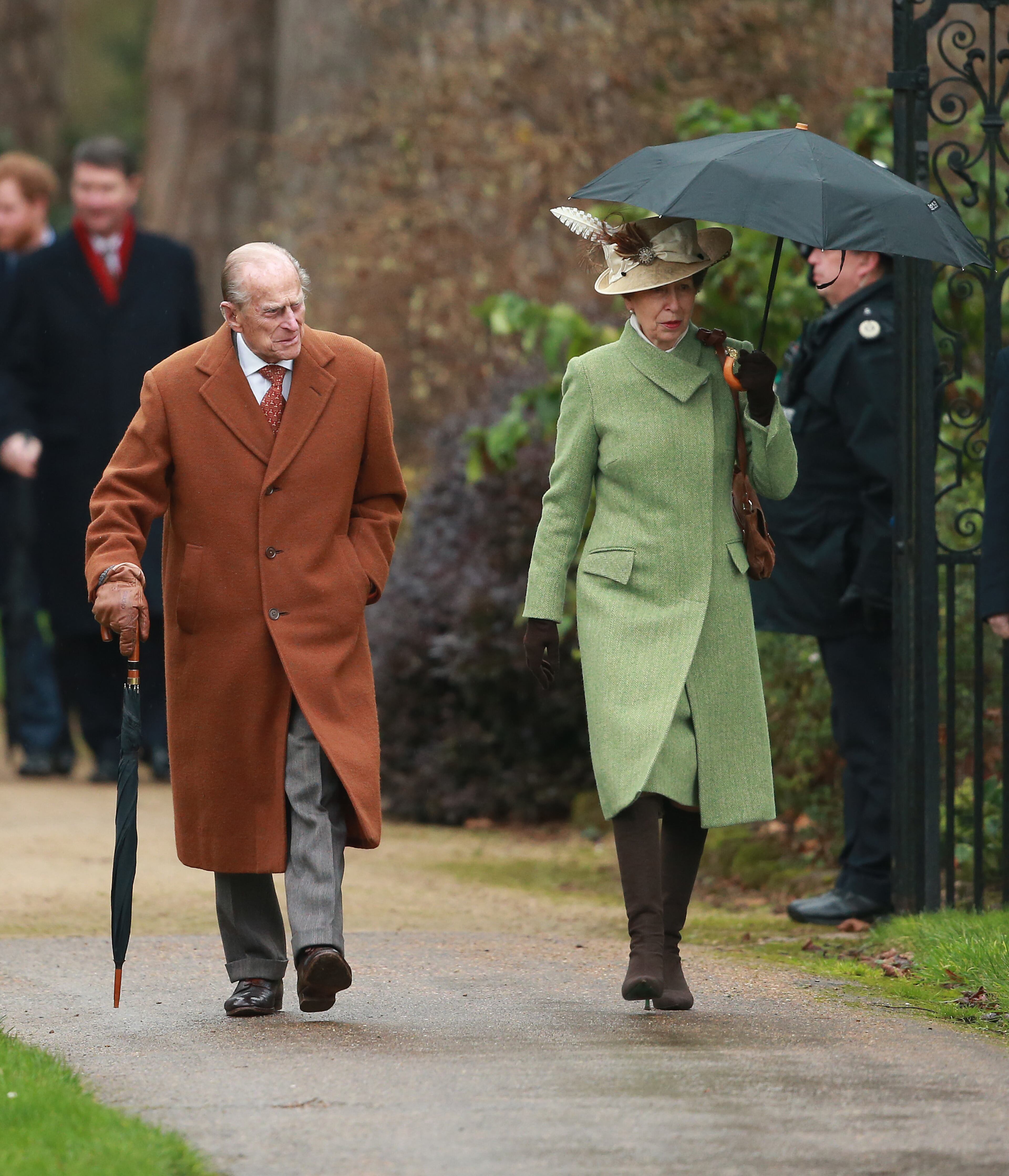 KING'S LYNN, ENGLAND - DECEMBER 25: Prince Philip, Duke of Edinburgh and Princess Anne, Princess Royal attend a Christmas Day church service at Sandringham on December 25, 2015 in King's Lynn, England. (Photo by Chris Jackson/Getty Images)