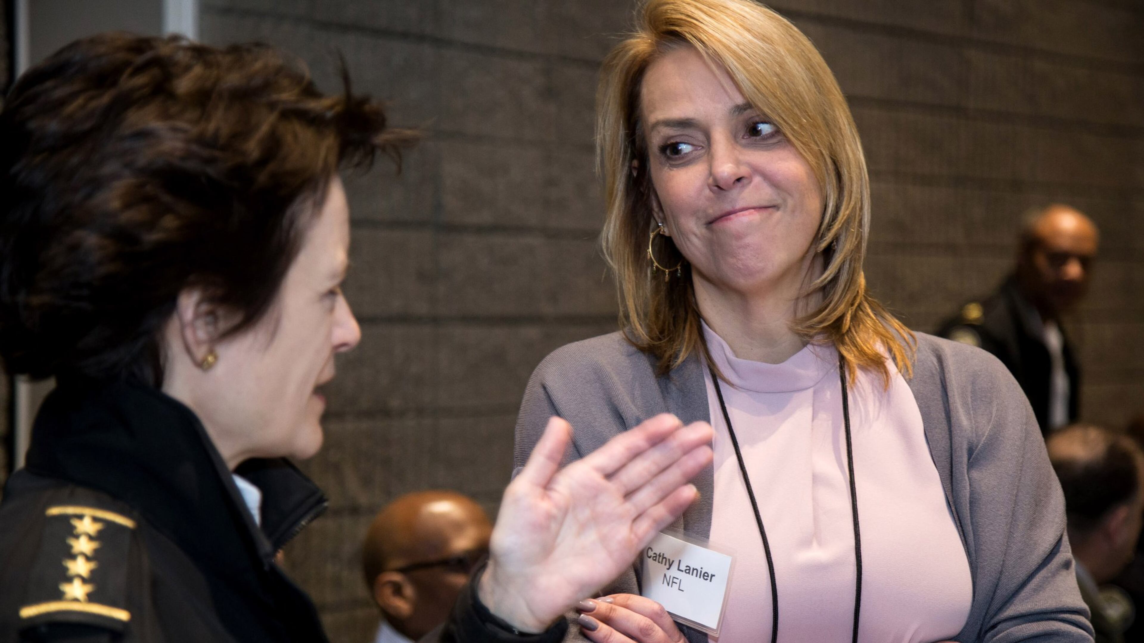 Head of Security for the NFL Cathy Lanier (R) talks with the Chief of Police for the City of Atlanta, Georgia Erika Shields before the start of the Super Bowl LIII Executive Public Safety Tabletop Exercise at the Georgia World Congress Center Wednesday, November 5, 2018. STEVE SCHAEFER / SPECIAL TO THE AJC