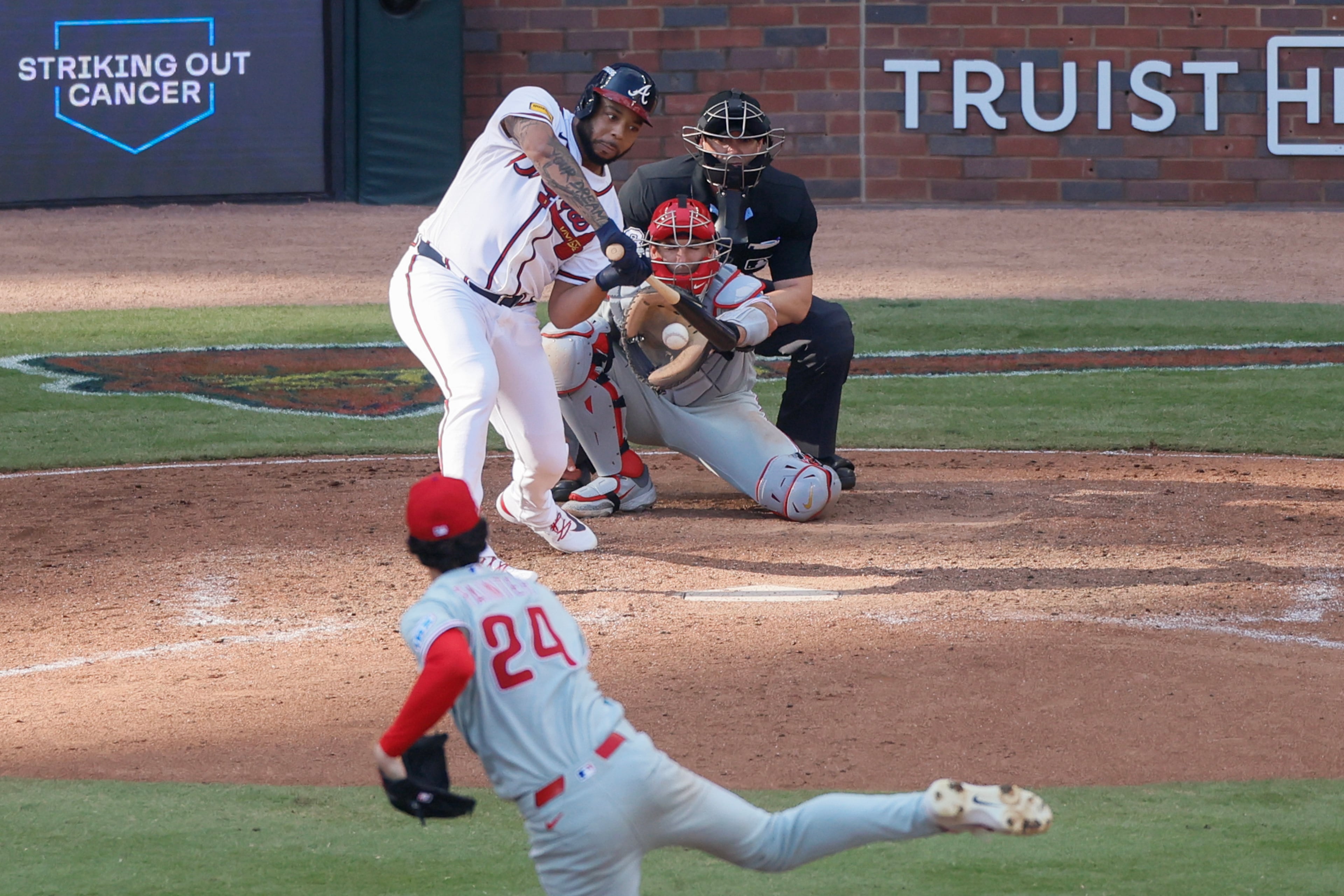 Braves designated hitter Dominic Smith strikes out to Phillies pitcher Andrew Painter during Game 2 of their NL Wild Card Series on Wednesday, Sept. 30, 2026, at Truist Park in Atlanta. (Miguel Martinez/AJC)