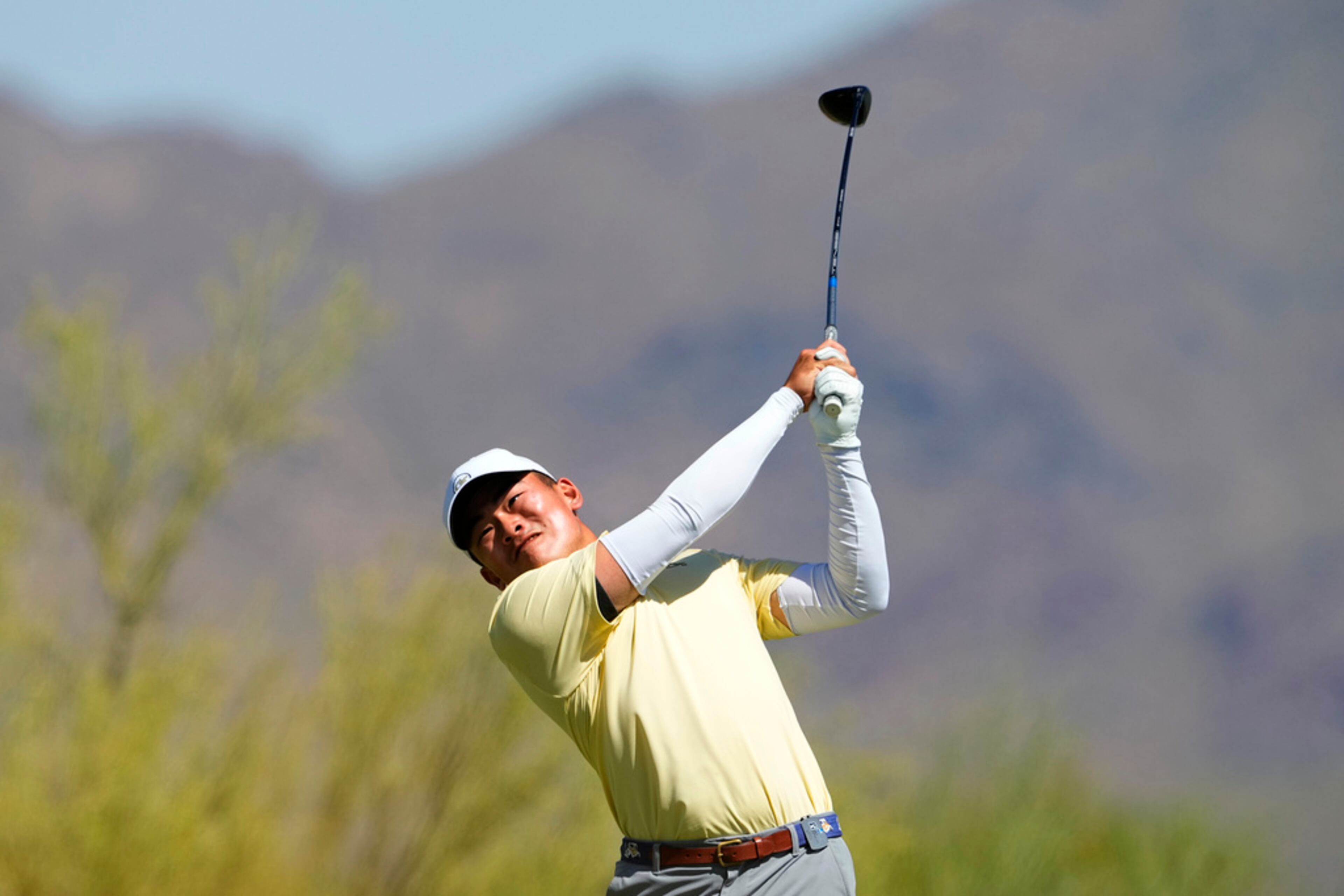Georgia Tech golfer Hiroshi Tai hits from the third tee during the final round of the NCAA college men's match play golf championship, Wednesday, May 31, 2023, in Scottsdale, Ariz. (AP Photo/Matt York)