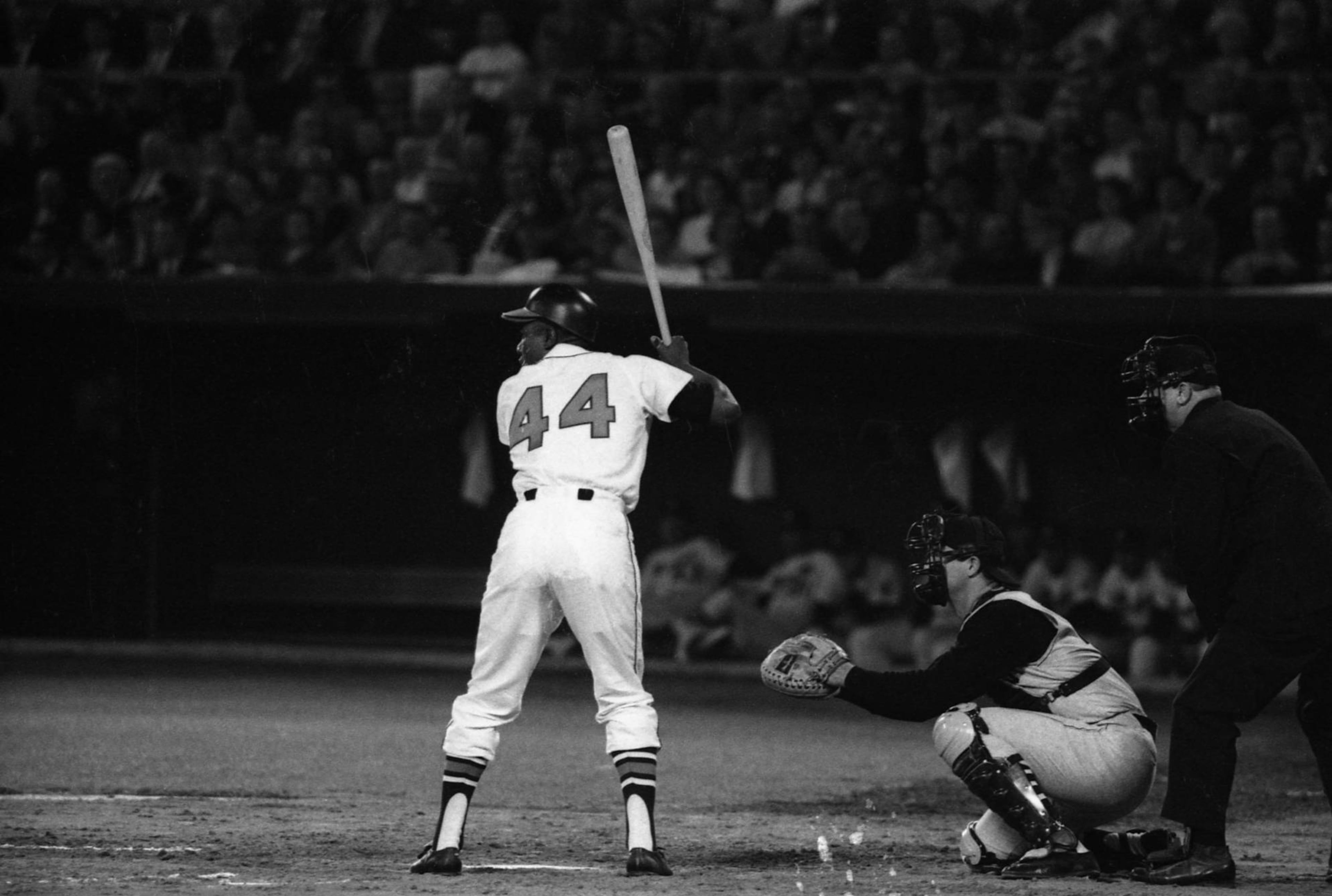 The Braves' Hank Aaron is ready to hammer a pitch. AJC file photo