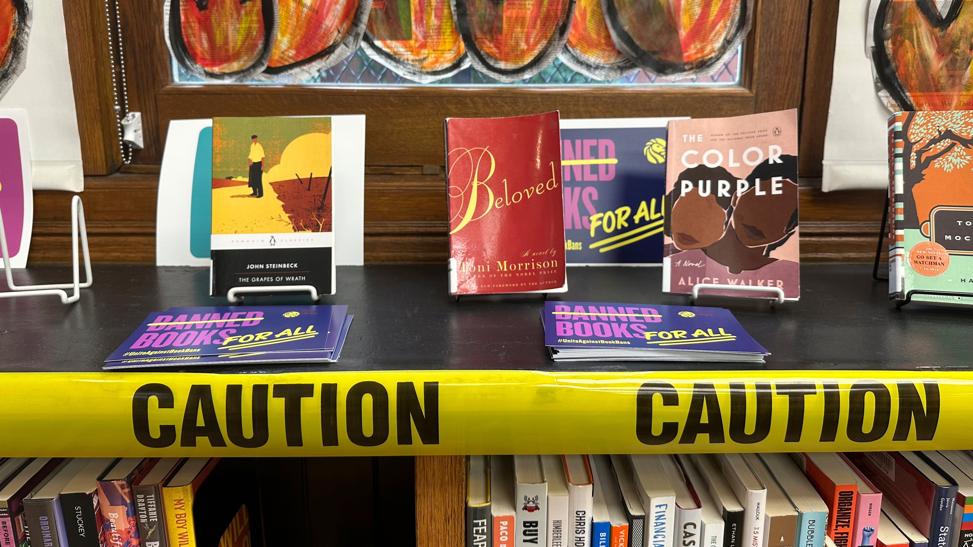 FILE - A Banned Books Week display stands at the Mott Haven branch of the New York Public Library in the Bronx borough of New York City, Oct. 7, 2023. (AP Photo/Ted Shaffrey, File)