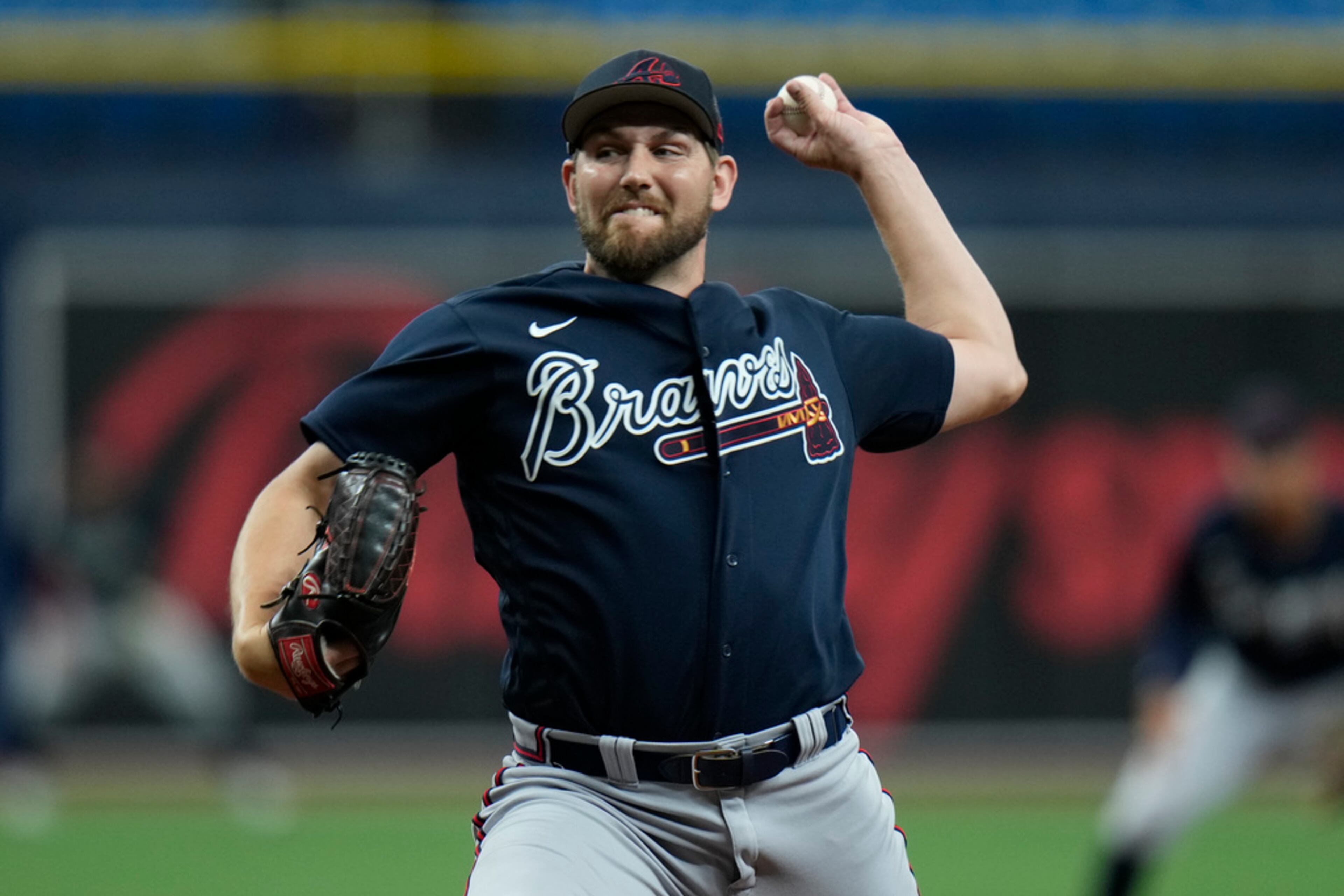 Atlanta Braves relief pitcher Dylan Lee against the Tampa Bay Rays during the fifth inning of a spring training baseball game Friday, March 10, 2023, in St. Petersburg, Fla. (AP Photo/Chris O'Meara)
