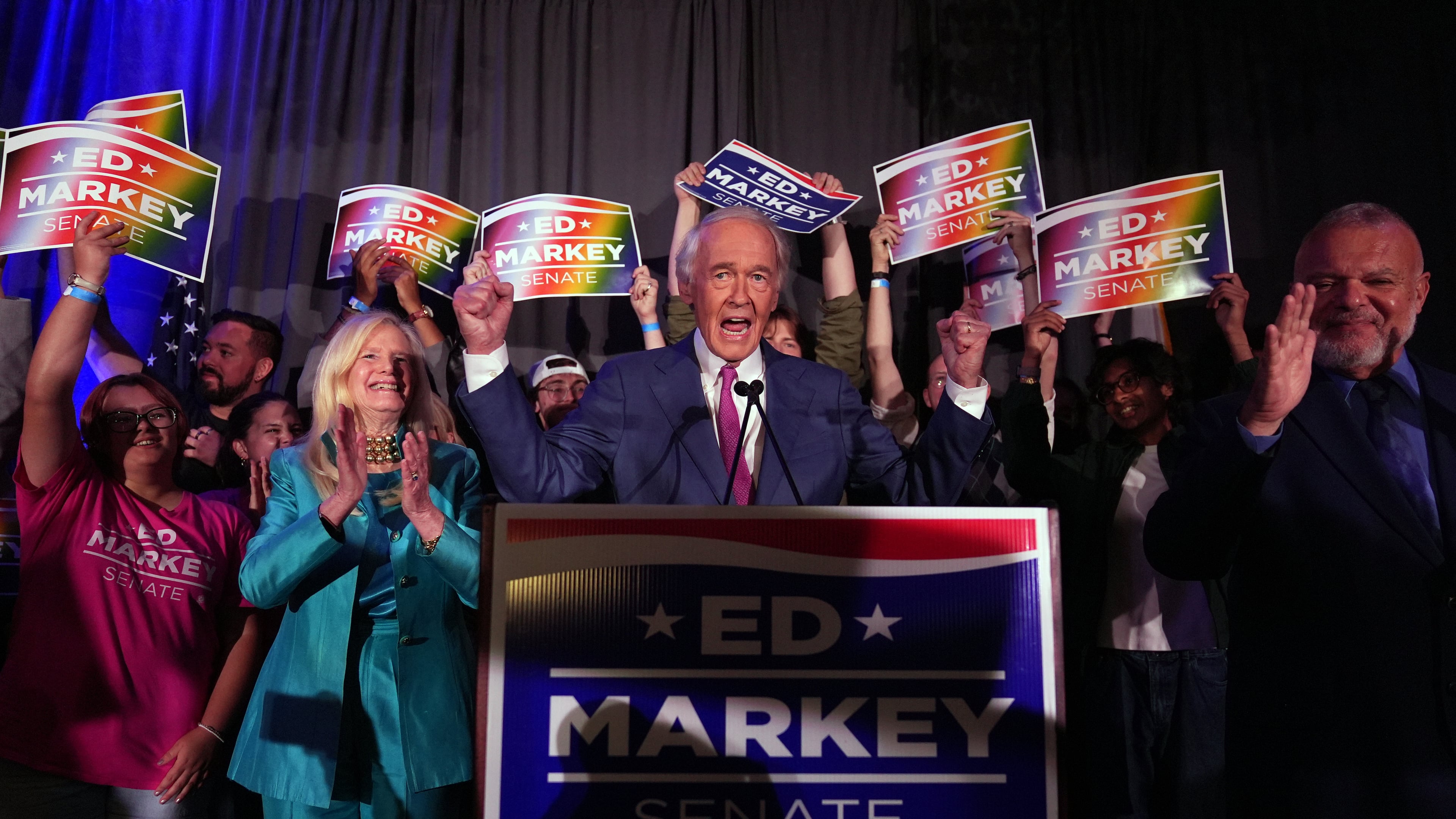 U.S. Sen. Edward Markey, D-Mass., speaks alongside his wife Susan Blumenthal after winning the Democratic nomination during a primary election night event Tuesday, Sept. 1, 2026, in Boston. (AP Photo/Charles Krupa)