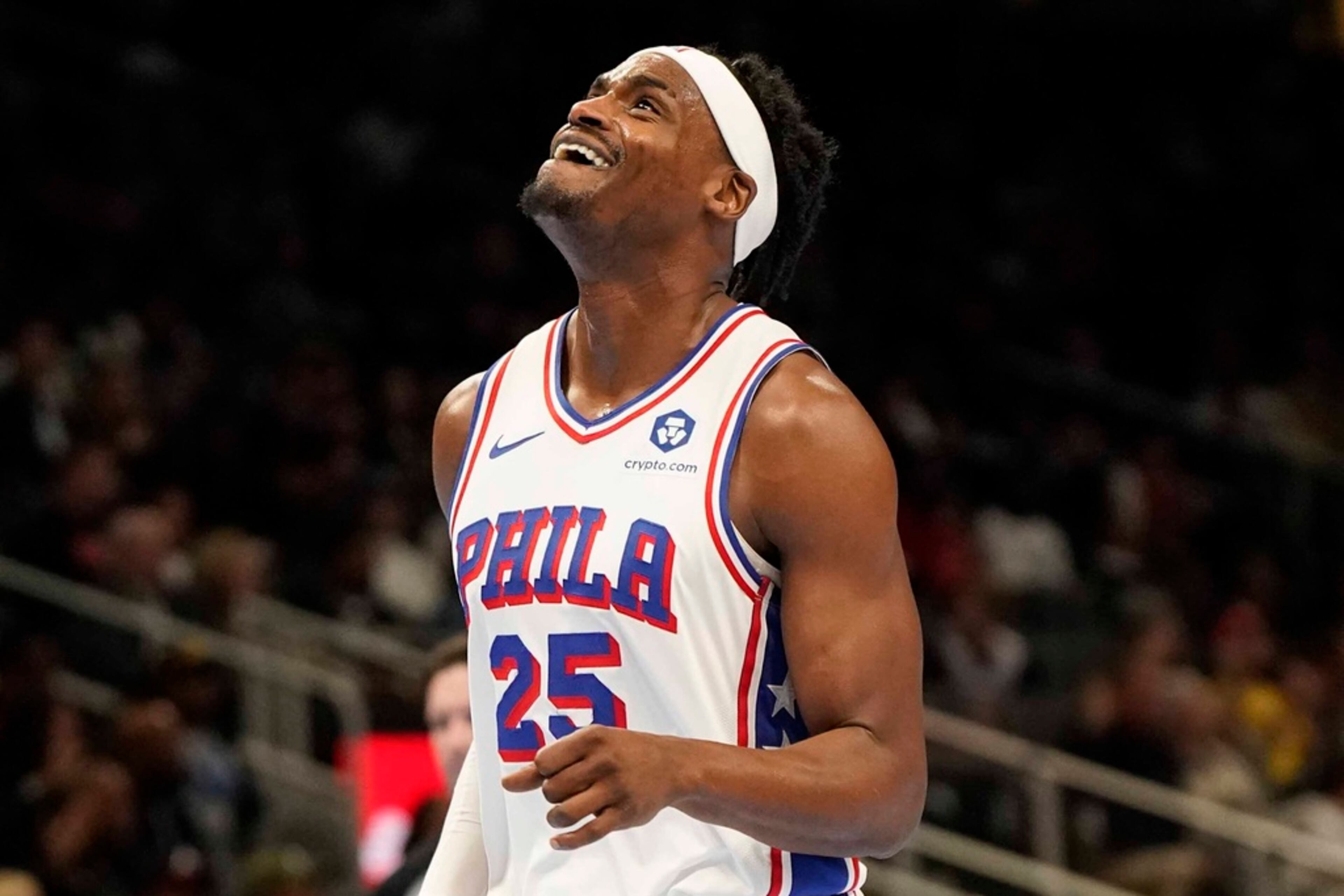 Philadelphia 76ers forward Danuel House Jr. (25) reacts to a foul against the Atlanta Hawks during the first half of an In-Season Tournament NBA basketball game, Friday, Nov. 17, 2023, in Atlanta. (AP Photo/Mike Stewart)